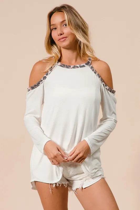 Stylish BiBi Jersey Knit Cold Shoulder Top with Leopard Print Neckline - Trendy Women's Fashion for Casual Outings & Date Nights