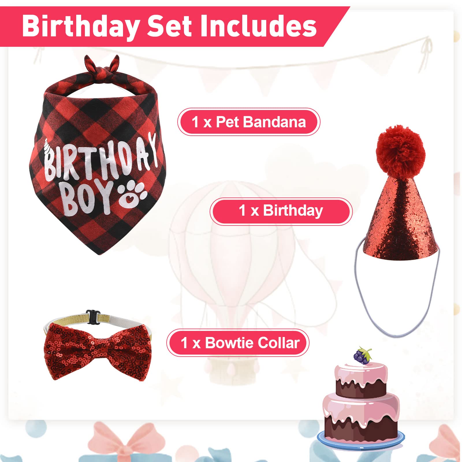 HACRAHO 2-Piece Dog Birthday Bandana and Hat Set - Cute Plaid Scarf & Party Hat for Puppy Birthday Outfits - Perfect for Dog Birthday Parties, Photo Shoots & Special Occasions (Red)