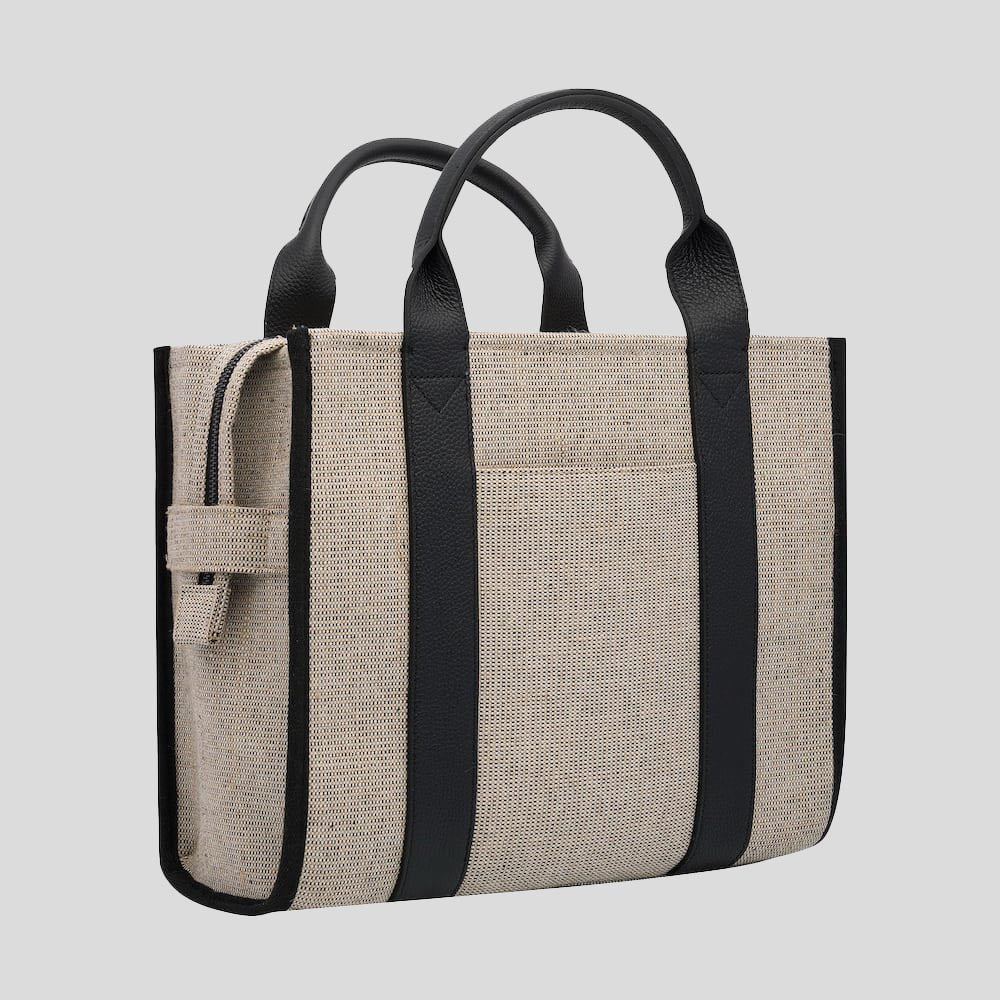 Stylish Small Bon Vivant Structured Tote Bag - Jute Canvas with Black Leather Trim - Perfect for Work, Travel & Everyday Use