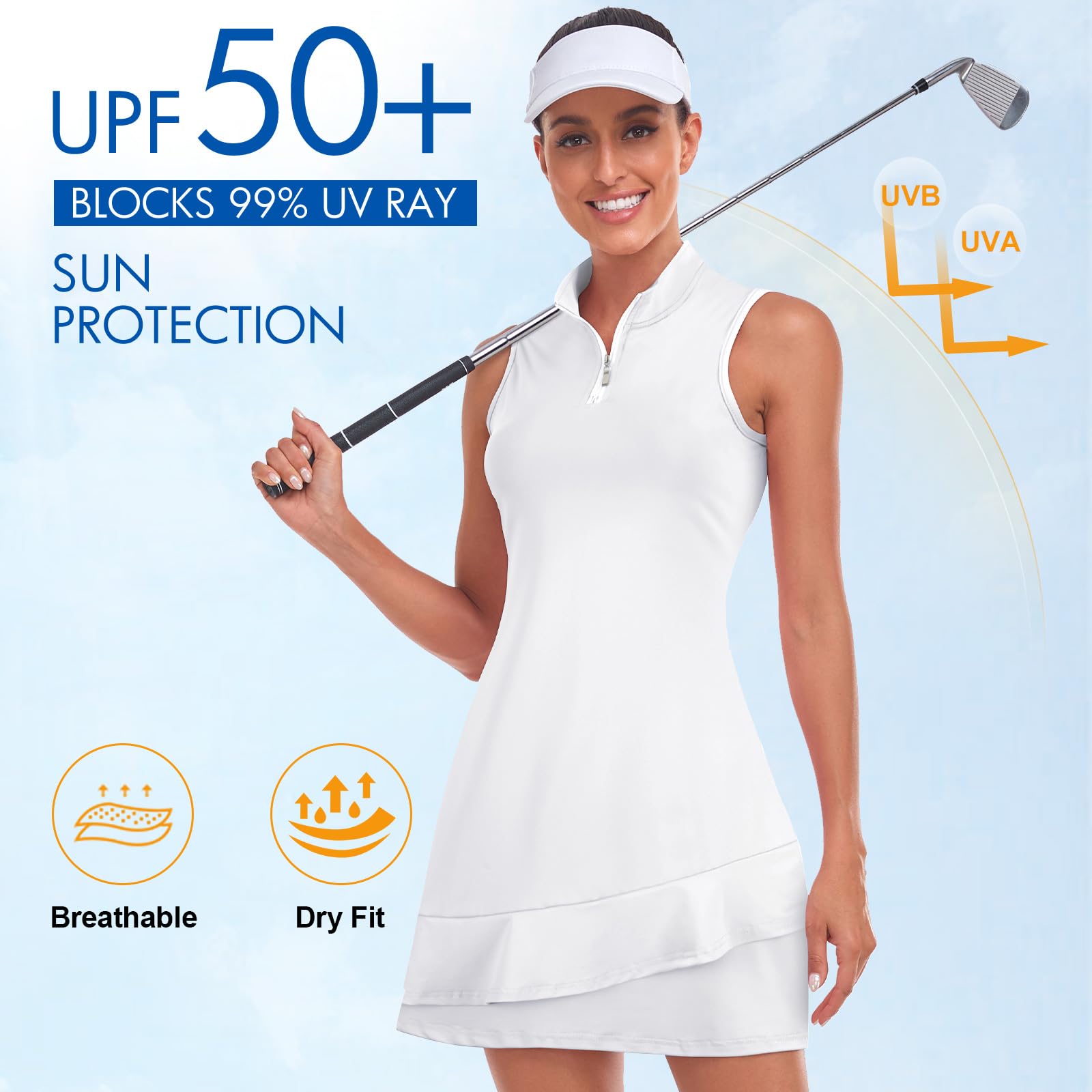 Viracy Women's Sleeveless Tennis Dress with Built-in Shorts & Pockets - Ruffle Zip-Up Stand Collar Golf Outfit for Tennis, Golf & Casual Wear