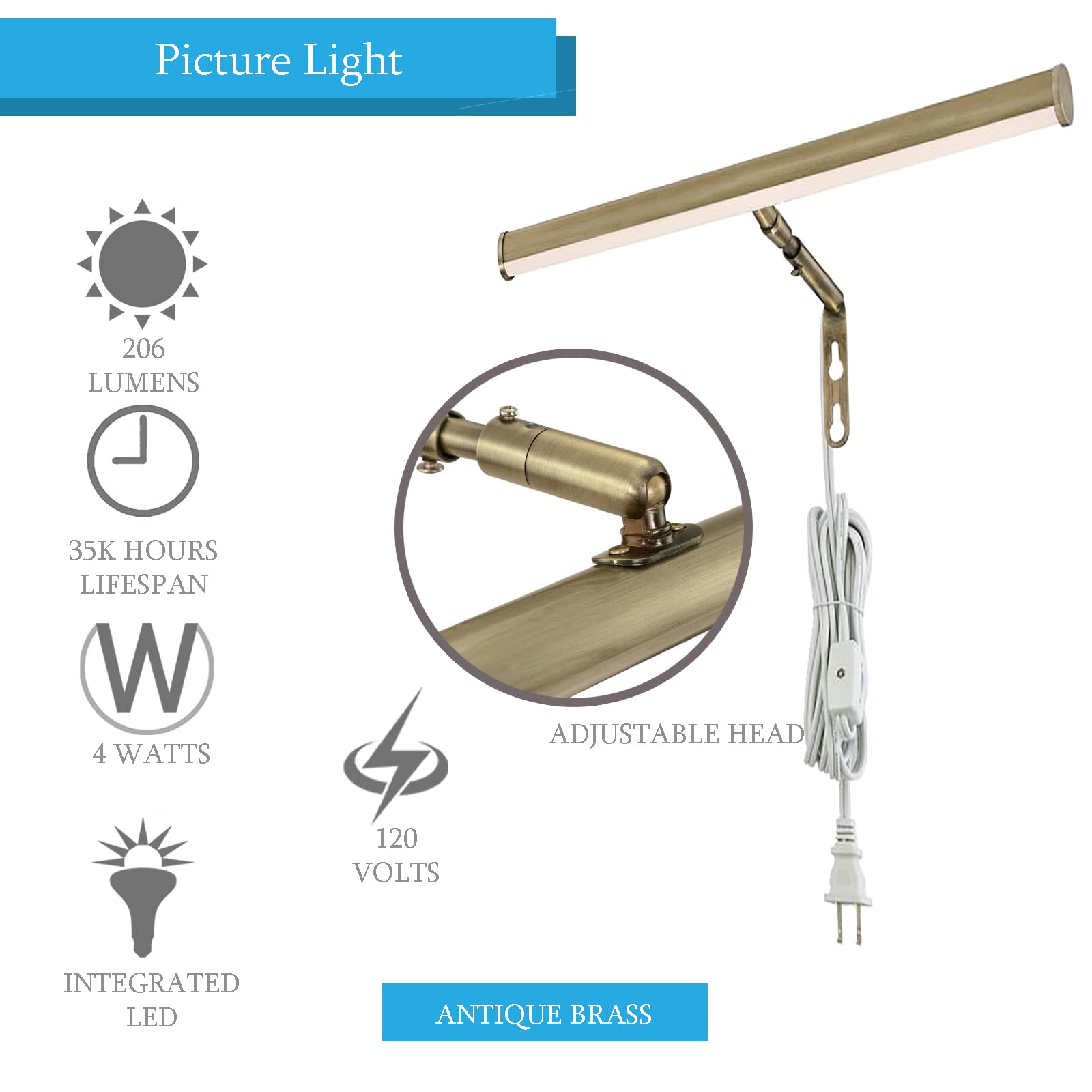 Ciata 14-Inch LED Picture Light for Wall Art - 3000K Warm White, 4W Adjustable Metal Frame Light with Inline On/Off Switch, CRI90, Antique Brass - Perfect for Gallery, Museum & Home Decor Lighting