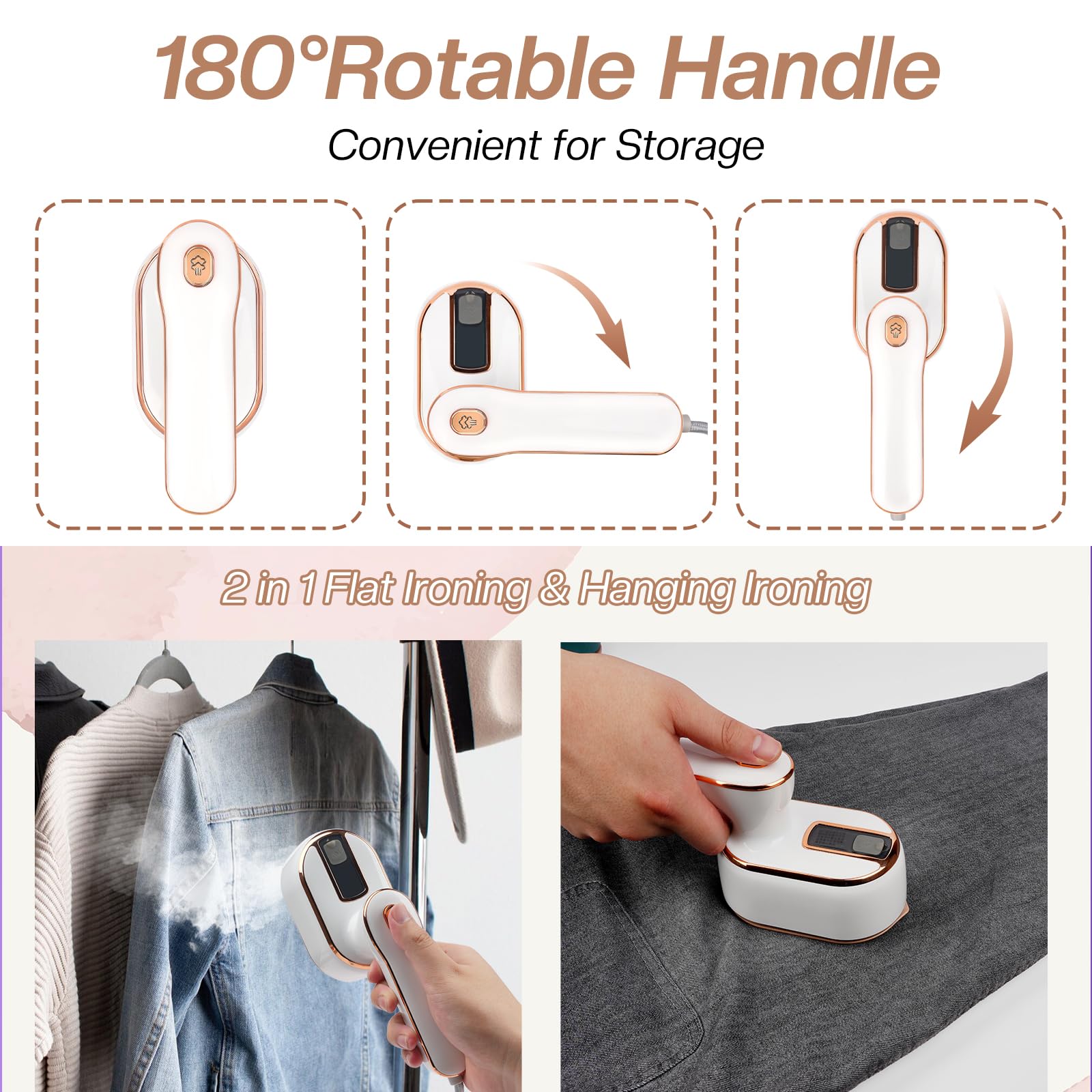 Mini Steam Iron & Travel Steamer - 970W Portable Handheld Garment Steamer for Dry & Wet Ironing, 180° Rotatable Design - Perfect for Home, Office & Travel (White) | Quick Wrinkle Remover for Shirts, Dresses & Suits