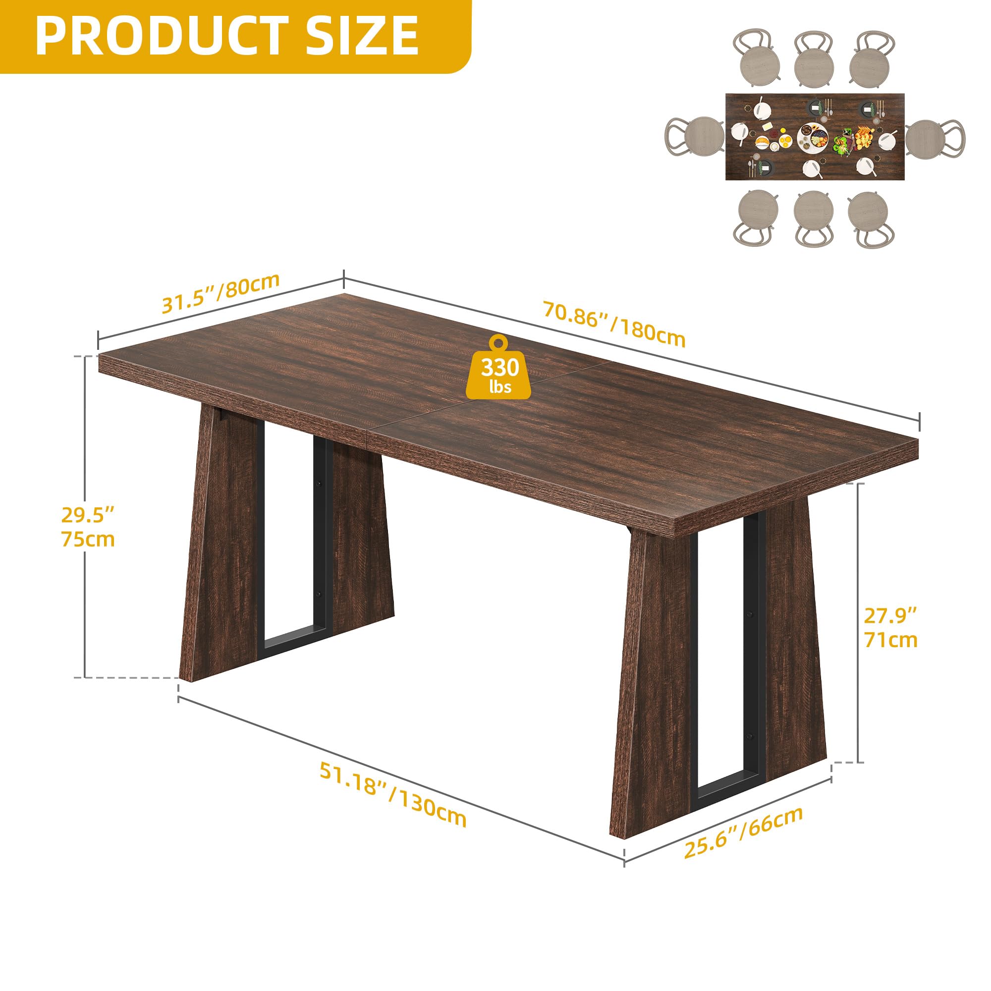 DWVO 70.86 Inch Large Rectangle Dining Table for 6-8 People - Solid Wood Kitchen Table with Heavy Duty Metal Legs for Apartment, Restaurant & Home Dining Room (Walnut Finish) - Perfect for Family Gatherings, Dinner Parties & Everyday Meals