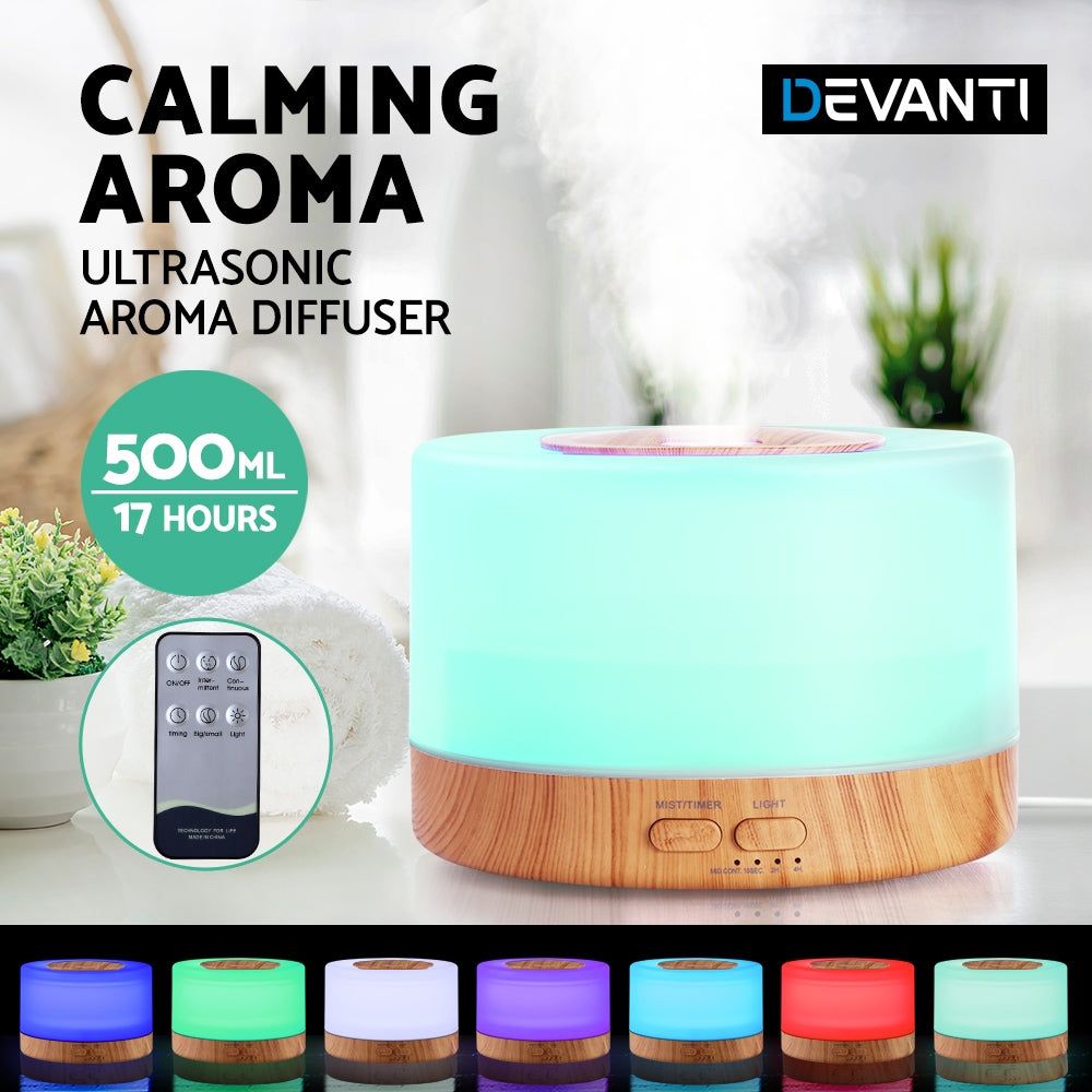 DEVANTI 500ml Aroma Diffuser with Remote Control - Wood Grain Essential Oil Humidifier, LED Night Light & Air Purifier for Home, Office, Yoga & Spa Relaxation