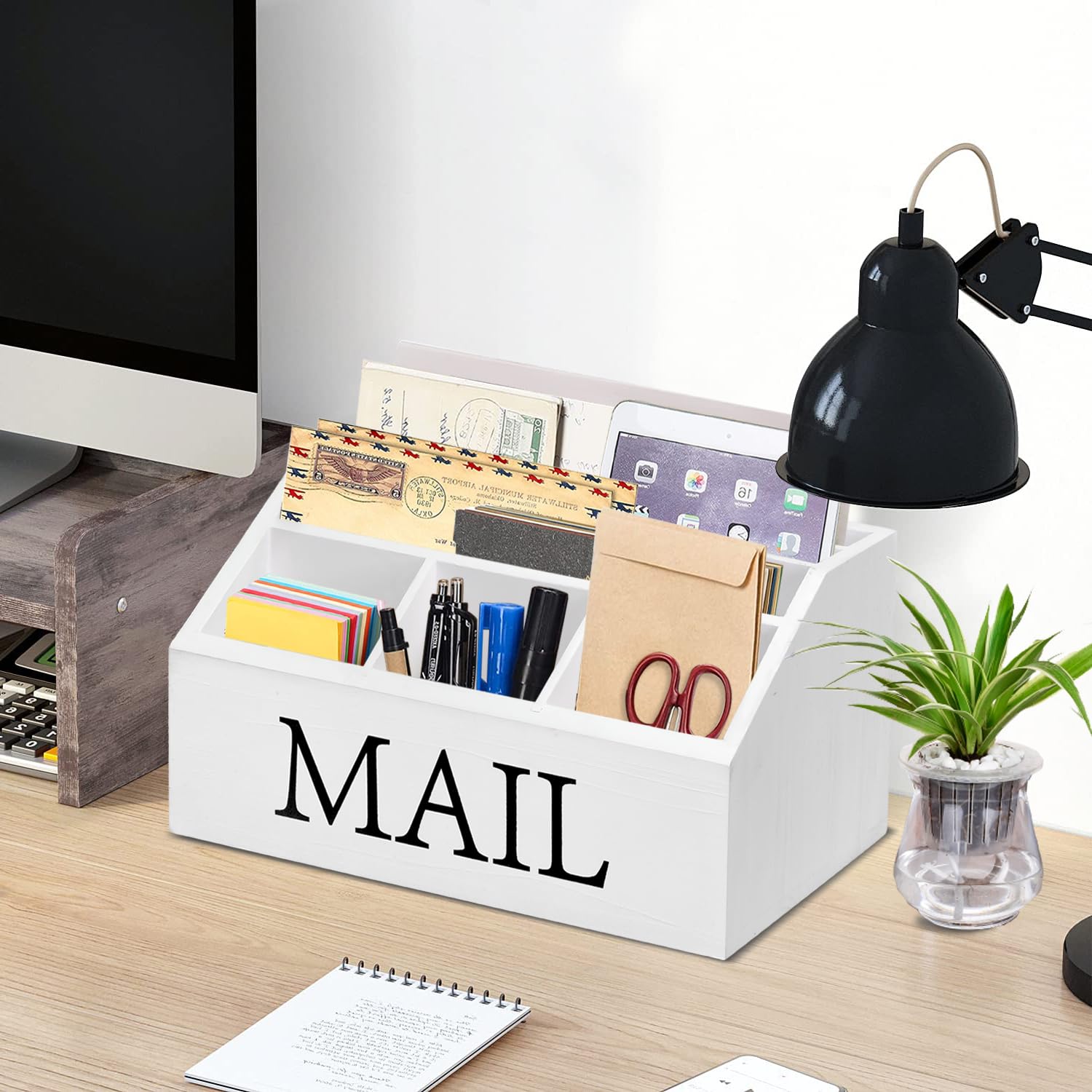 Wooden Mail Organizer for Desk & Countertop - Office Mail Sorter with Pen Holder for Bills, Letters & Documents - Perfect for Home Office, Entryway & Workspace Organization