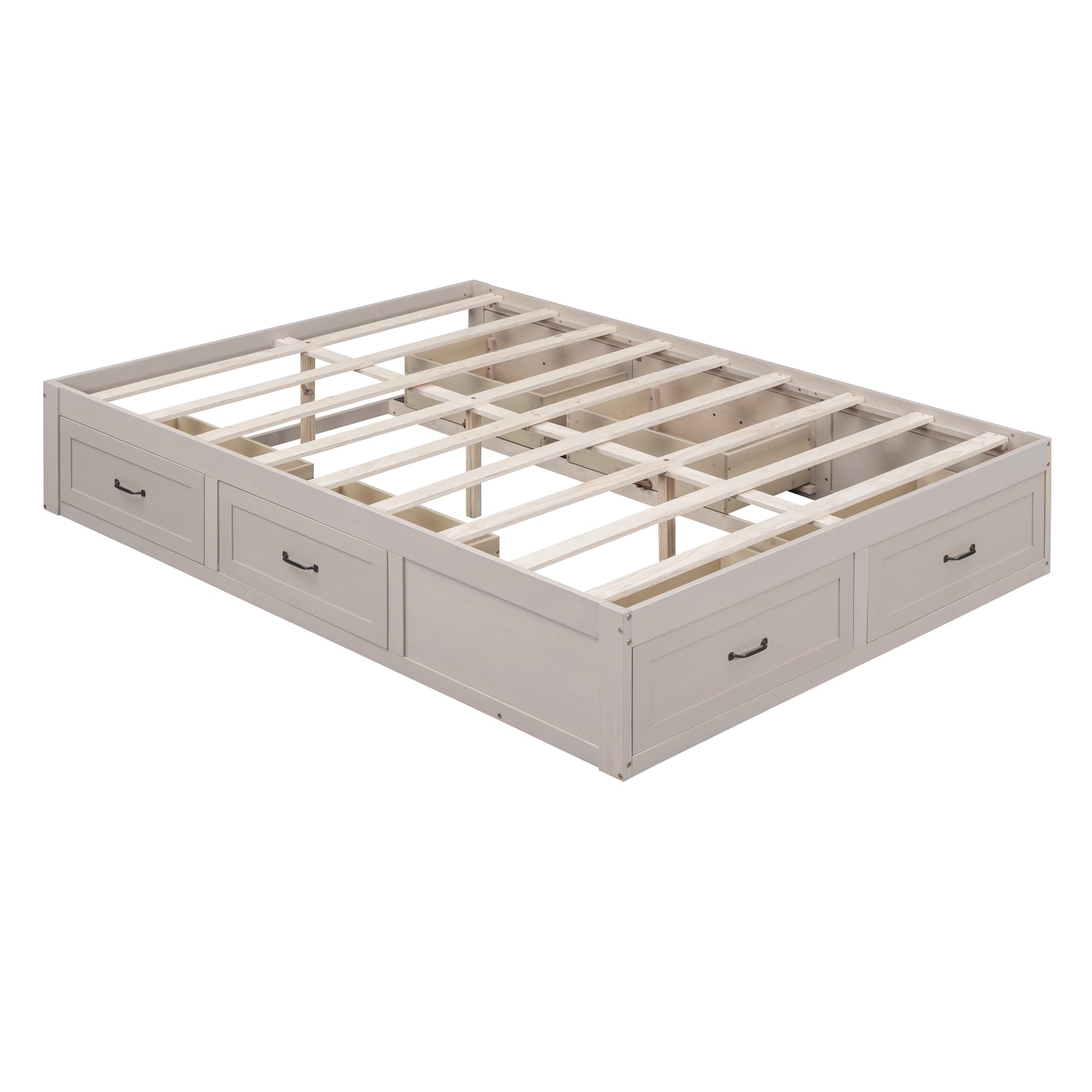 Rustic Wood Platform Bed Frame with 6 Storage Drawers - Full Size No Headboard Bed, Solid Wood Mattress Foundation (No Box Spring Needed) - Antique White Finish for Bedroom, Guest Room or Small Space