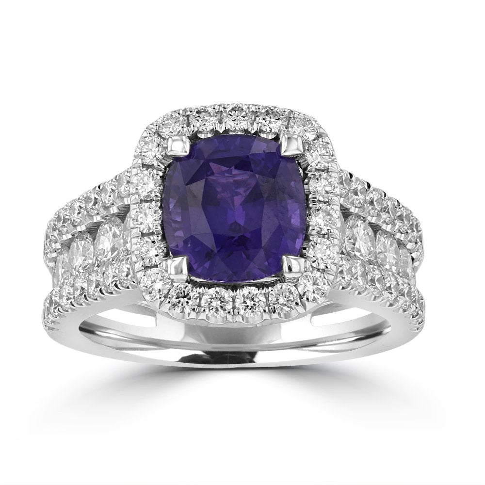 18KT Gold 2.97 CT Sapphire and 1.61 CTW Diamond Halo Ring for Women - Luxury Engagement, Wedding & Anniversary Jewelry Gift