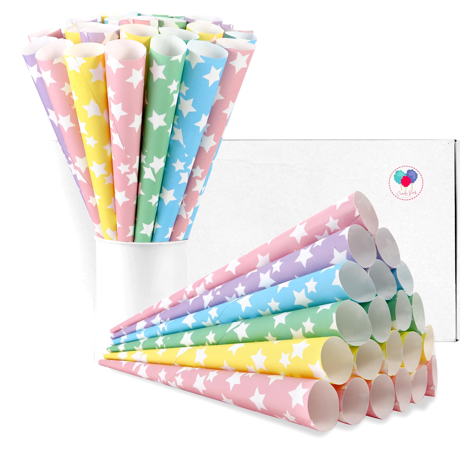 100 Pack Rainbow Star Cotton Candy Cones - Premium Multicolor Paper Cones for Cotton Candy Machines & Candy Floss Sugar - Perfect for Birthday Parties, Carnival Events & Sweet Treats