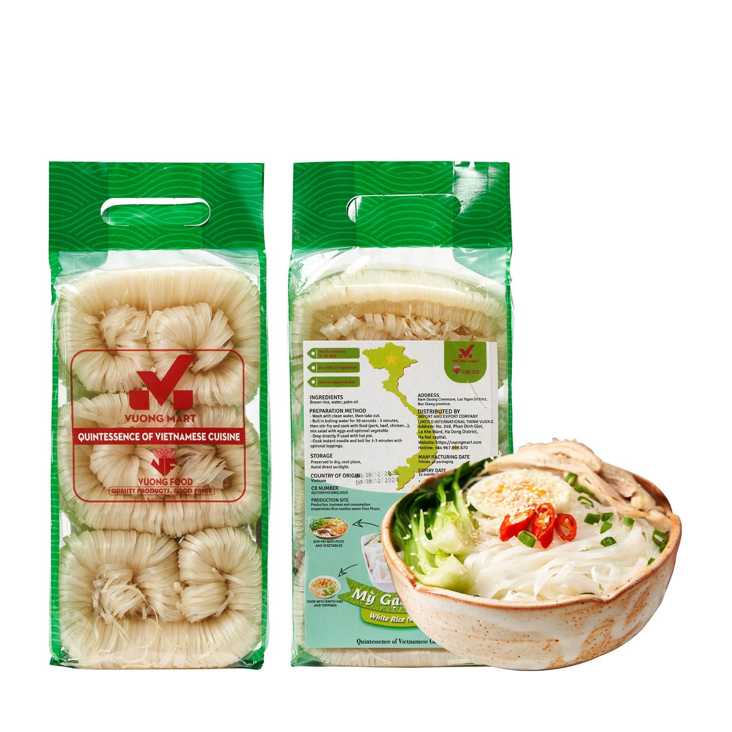 VUONG MART 21.2 Oz Vietnamese Rice Noodles - Organic Vegan Gluten-Free Low Calorie No Preservative Healthy Asian Noodles | Perfect for Stir Fry, Hot Pot, Soup & Salad | 3 Rolls per Pack (600g) | Authentic Pho & Spring Roll Ingredient