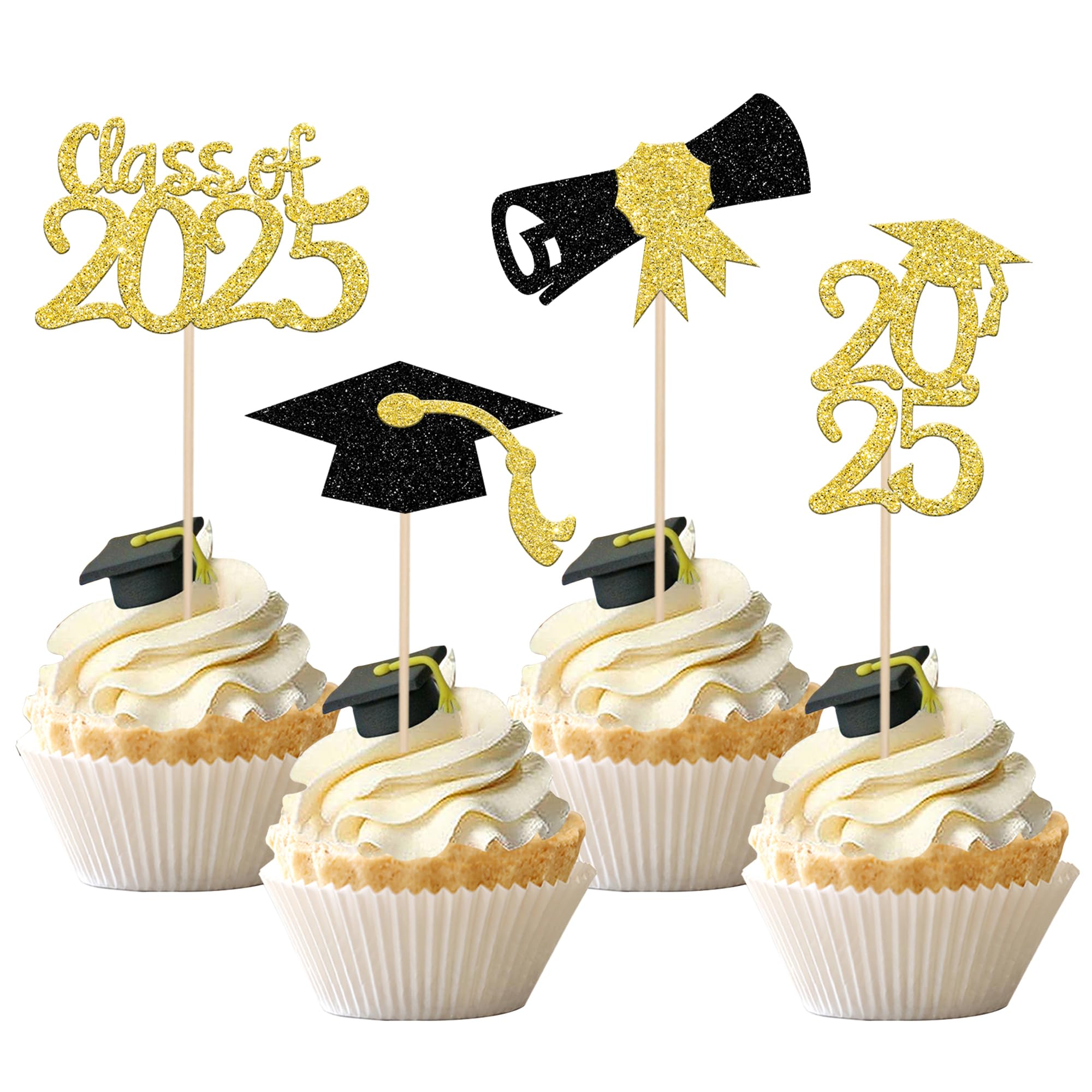 36 PCS 2025 Graduation Cupcake Toppers - Glitter Diploma & Grad Cap Decorations for Class of 2025 - Gold Cake Topper Picks for Graduation Party, School Celebration & Dessert Decor