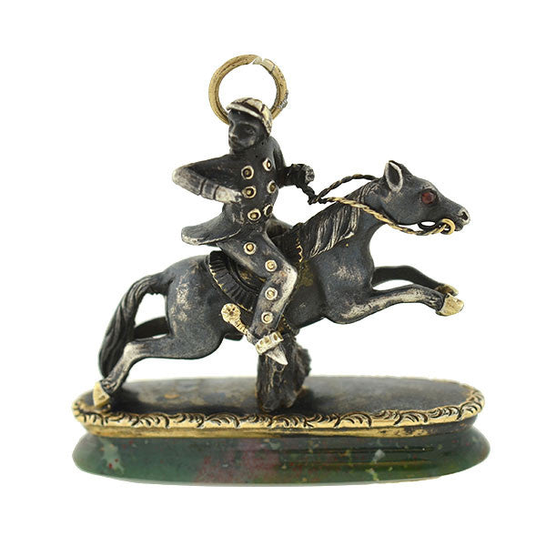 Victorian Silver & 15kt Gold Horse Bloodstone Figural Fob Charm - Antique Jewelry for Equestrian Lovers, Collectors & Vintage Style Accessories (Perfect for Gift Giving, Costume Jewelry & Special Occasions)