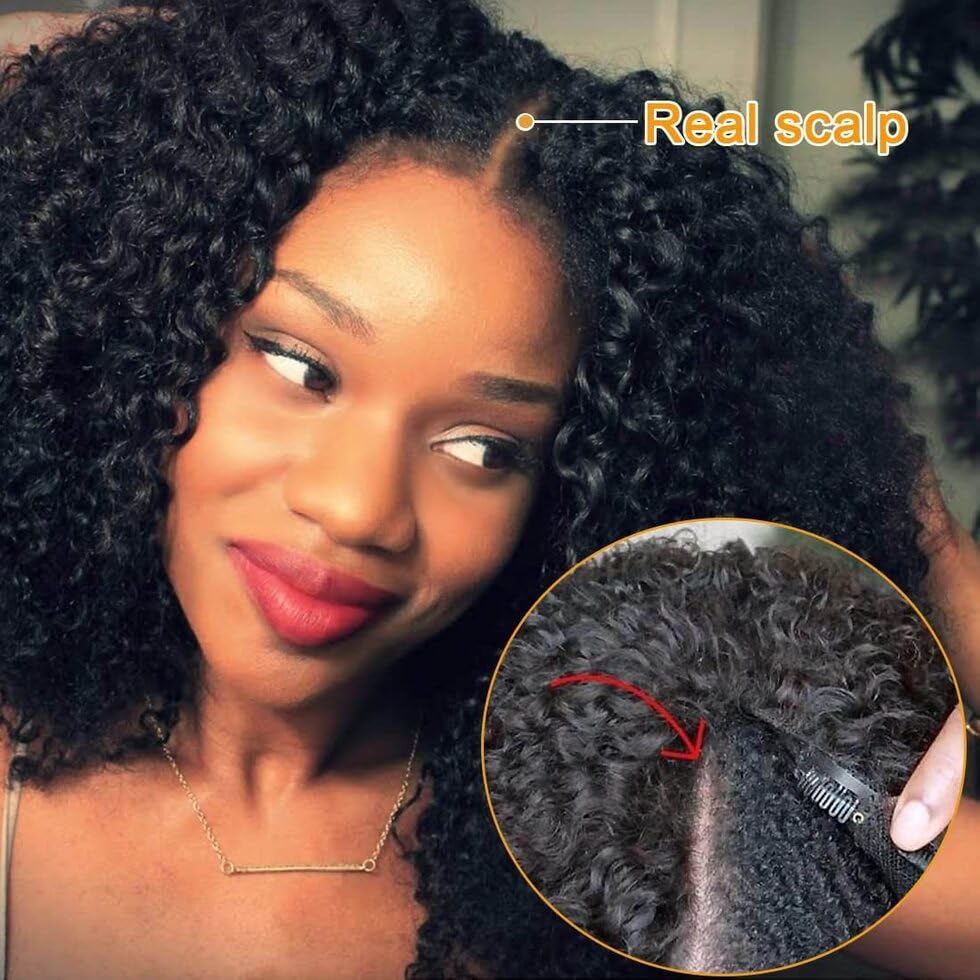 UNICE Glueless Kinky Curly V-Part Human Hair Wig - No Leave Out Upgrade U-Part Wig with Clips (150% Density, 22 Inch, Natural Black) | Afro Kinky Curly V-Shape Wig for Daily Wear, Parties & Special Occasions