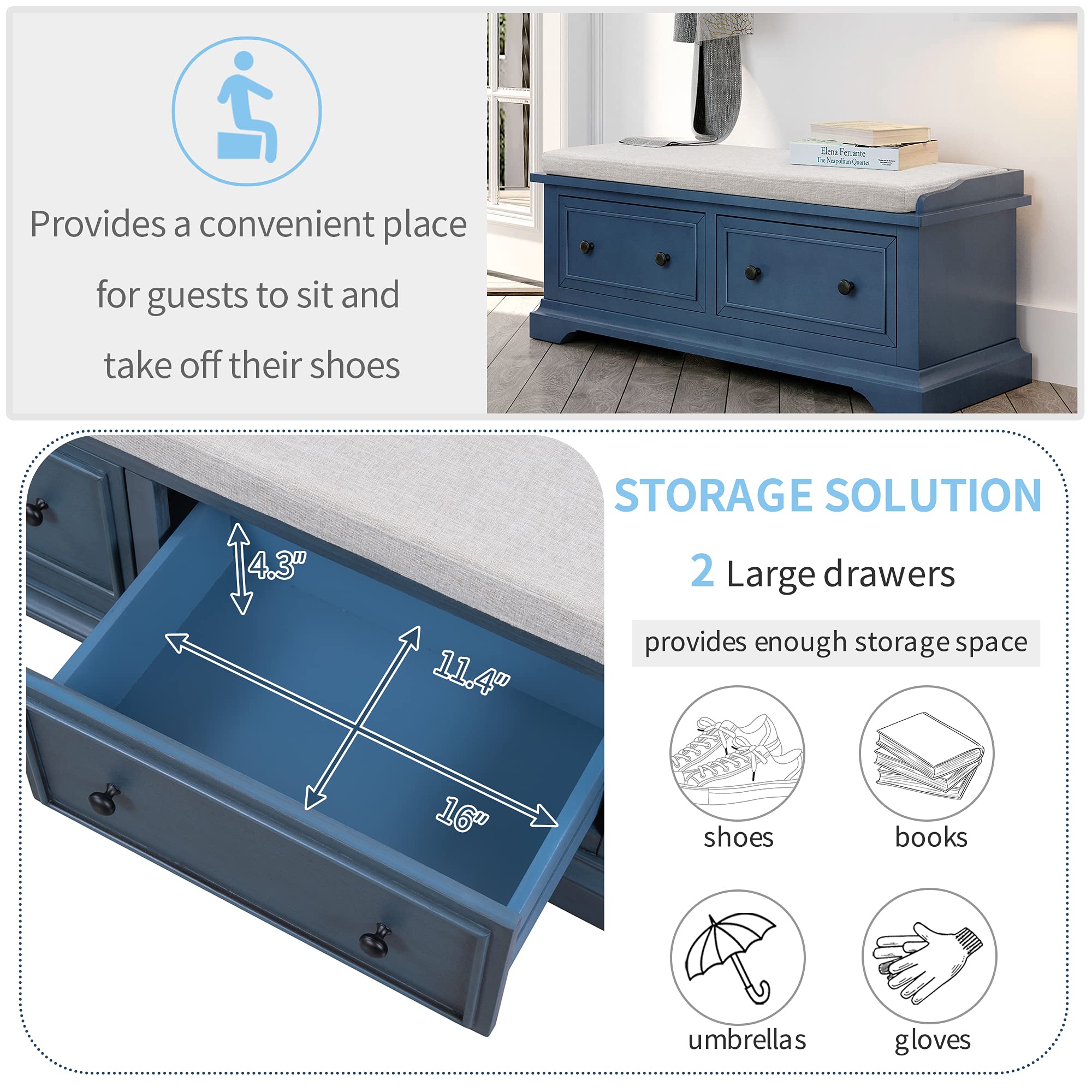 Solid Wood Fully-Assembled Shoe Storage Bench with 2 Large Drawers & Removable Linen Blend Cushion - Entryway Hallway Living Room Furniture (Navy + Wood) - Perfect for Organizing Shoes, Coats & Home Decor in Small Spaces
