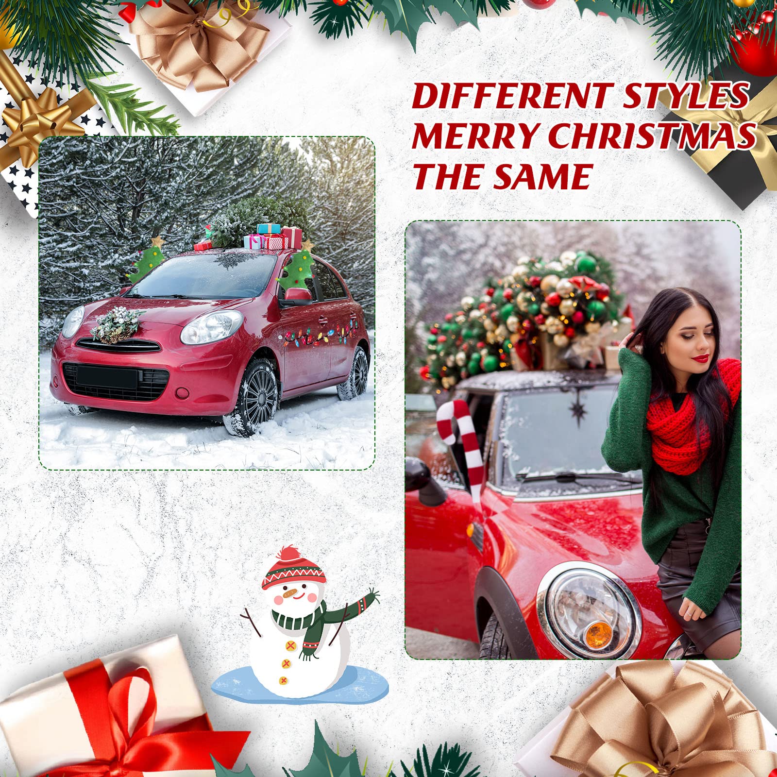 44 Pcs Christmas Car Decorations Set - Reindeer Antlers & Nose, Green Tree Decor, 12 Reflective Bulb Magnets, 22 Magnetic Wire Ornaments, 4 Headrest Covers | Holiday Car Accessories for Festive Vehicle Decoration & Christmas Party Decor