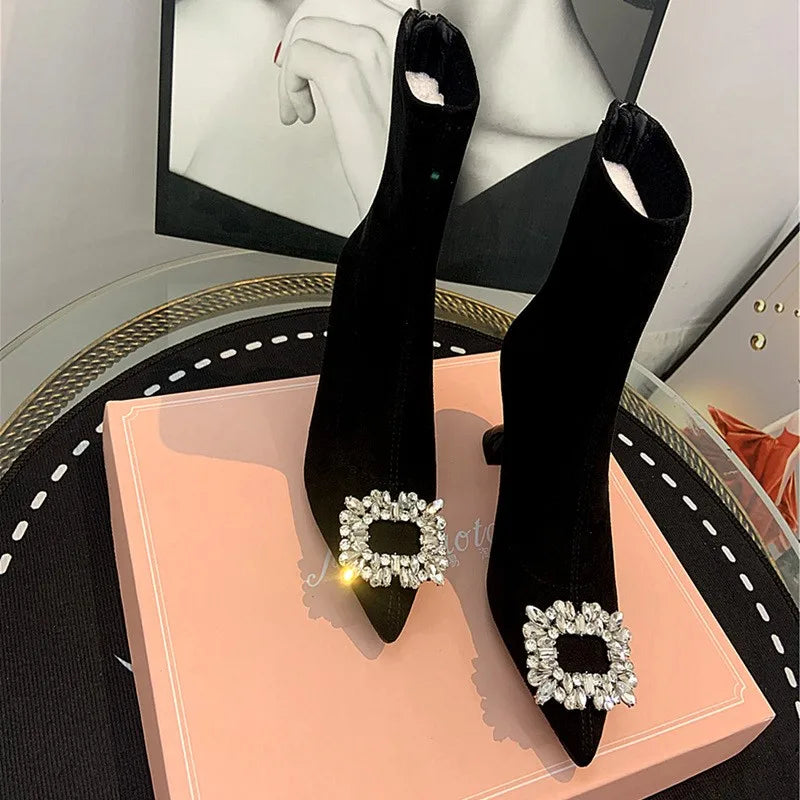 Stylish Women's Ankle Boots - Pointed Toe High Heel Rhinestone Flock Boots for Spring & Autumn | Fashionable Dress Shoes for Work, Party & Evening Out