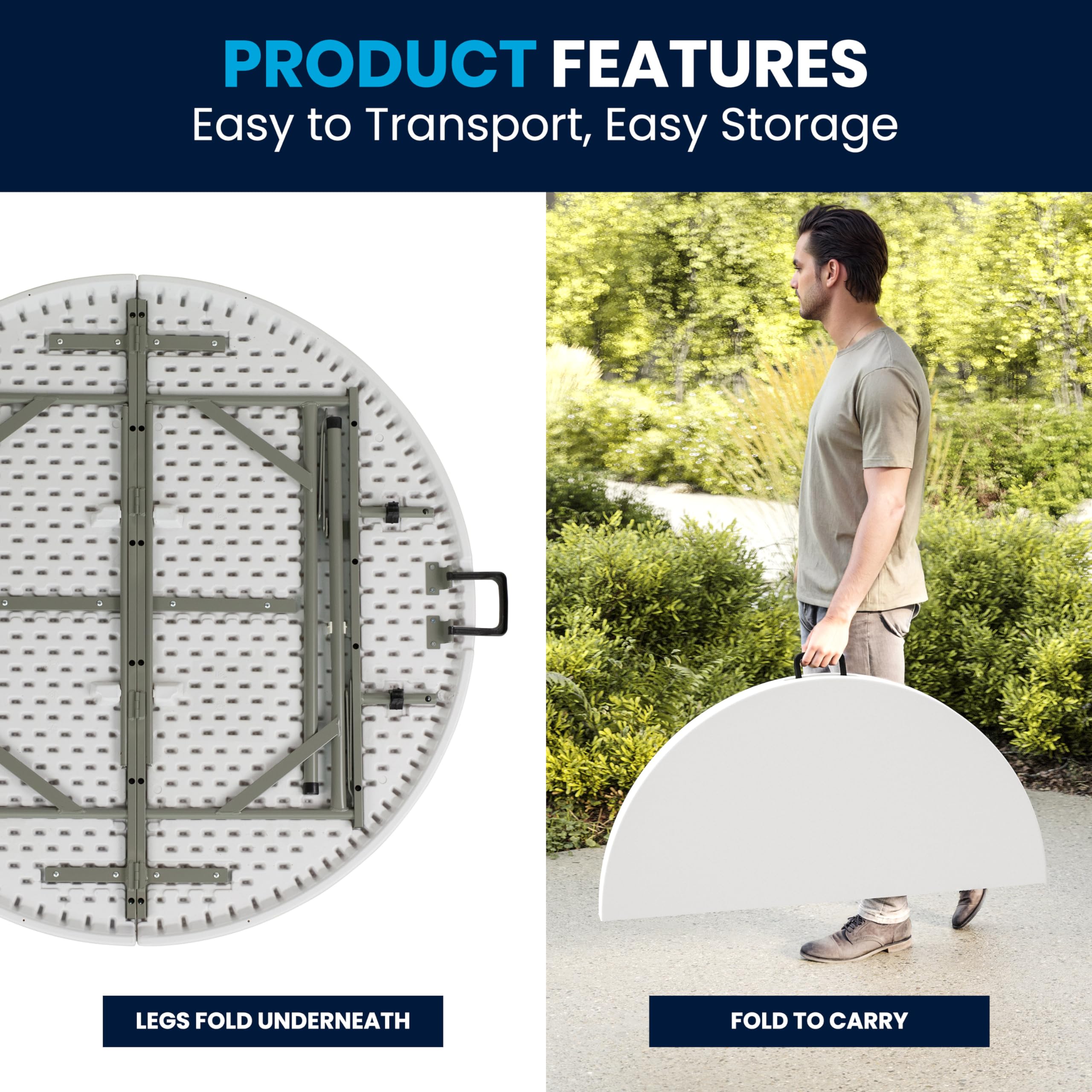 Flash Furniture Freeman 4-Foot Round Plastic Folding Table with Carrying Handle - Lightweight Bi-Fold Portable Banquet Table for Parties, Events, Picnics & Camping - Indoor/Outdoor Use - White