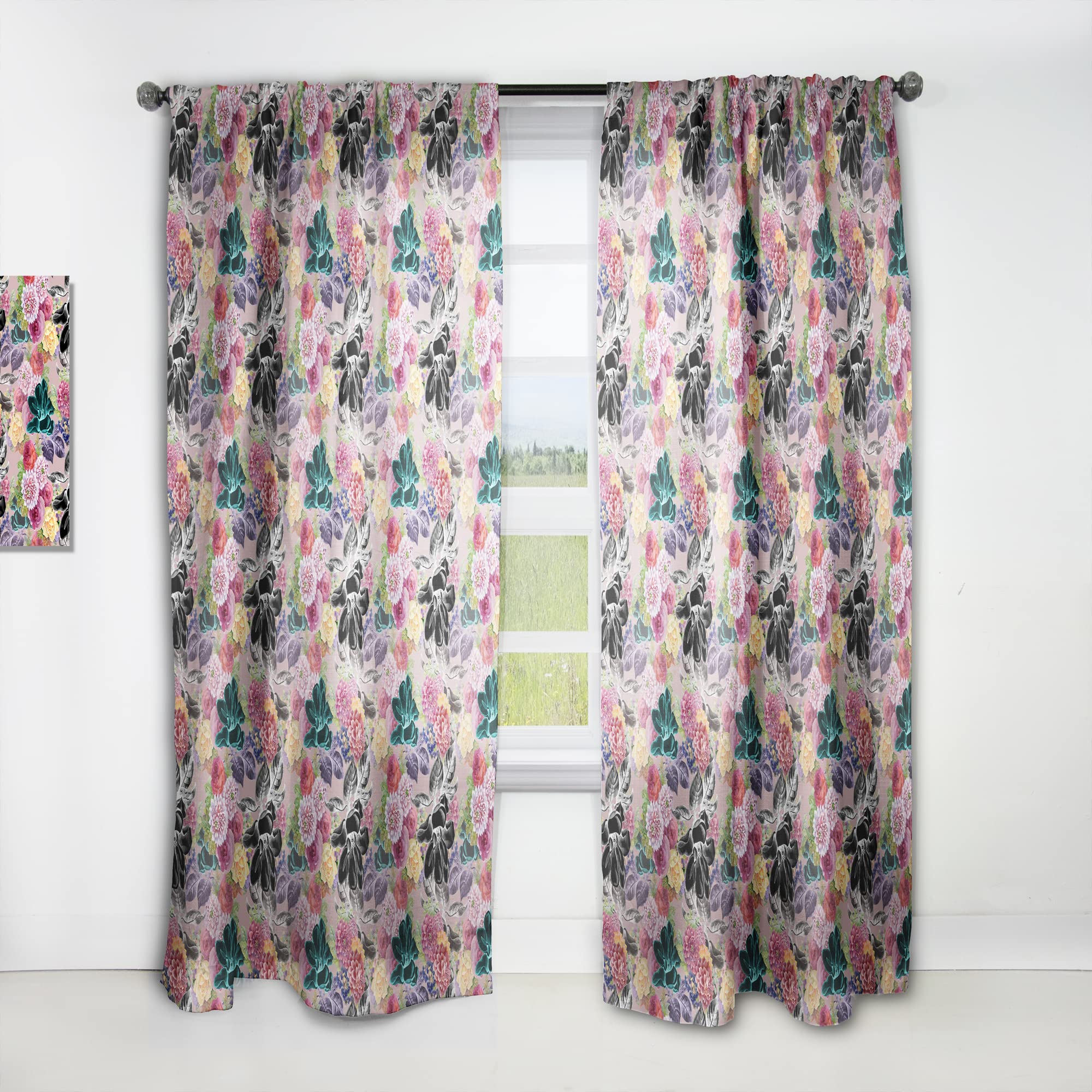DesignQ Black Chrysanthemum Floral Curtains - Thermal Insulated Single Panel Window Drapes 52x90 Inches for Bedroom & Living Room - Elegant Home Decor for Better Sleep & Privacy