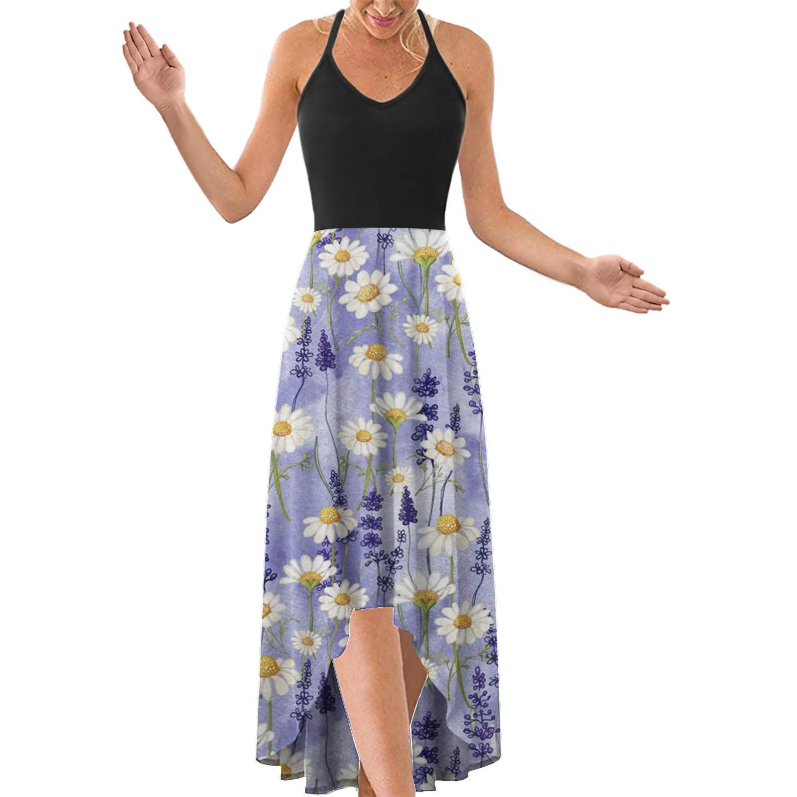 Women's Sleeveless Floral Maxi Dress - Casual Summer V-Neck Spaghetti Strap Asymmetrical Sundress for Beach, Vacation & Outdoor Parties