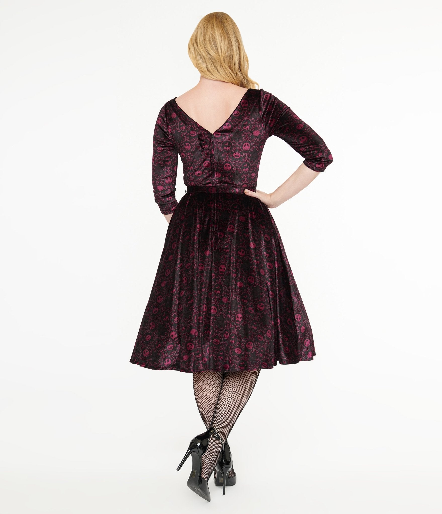 Unique Vintage Eggplant Baroque Jack Skellington Devon Swing Dress - Tim Burton's The Nightmare Before Christmas Inspired Costume | Perfect for Halloween, Cosplay, and Themed Parties