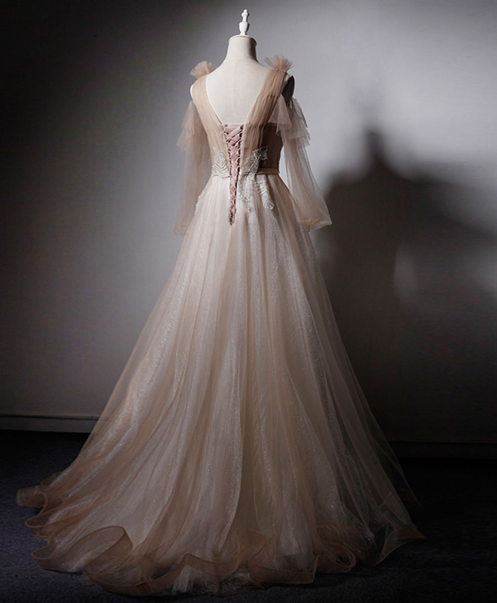 Elegant Champagne V-Neck Tulle Lace Long Prom Dress for Women - Formal Evening Gown for Homecoming, Wedding, and Special Occasions