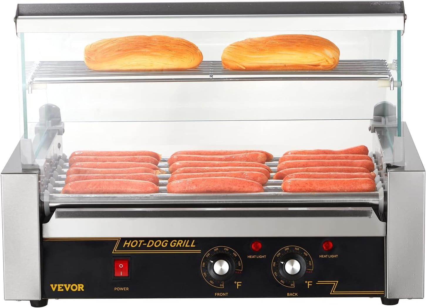 VEVOR 18 Hot Dog Roller Machine - 1050W Commercial Stainless Steel Sausage Grill with 7 Rollers, Dual Temperature Control, LED Light & Detachable Drip Tray - Perfect for Restaurants, Food Trucks, Canteens and Home Kitchen Use