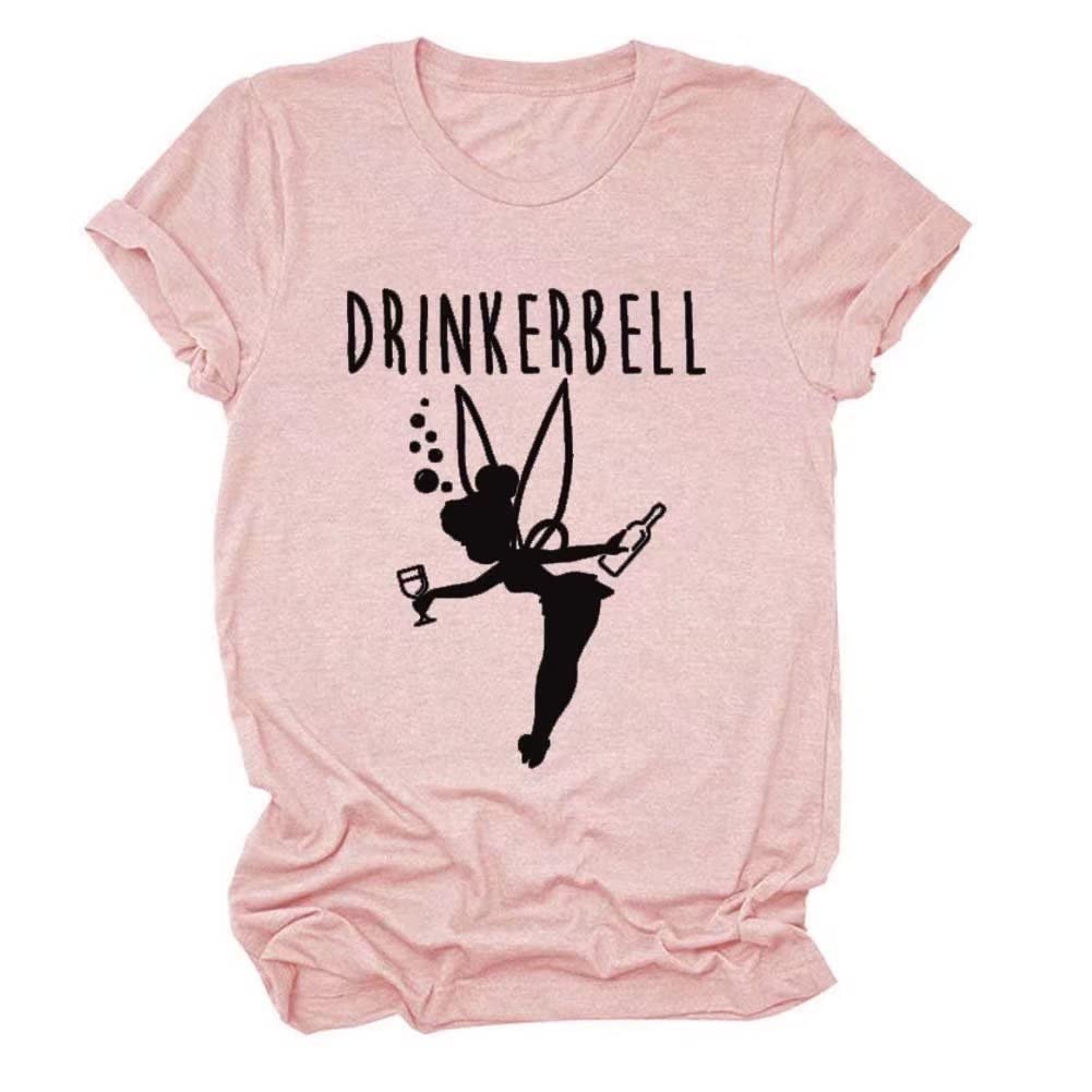 Drinkerbell Fairy Graphic T-Shirt for Women - Funny Letter Print Casual Tee - Perfect for Parties, Girls Night Out & Everyday Wear