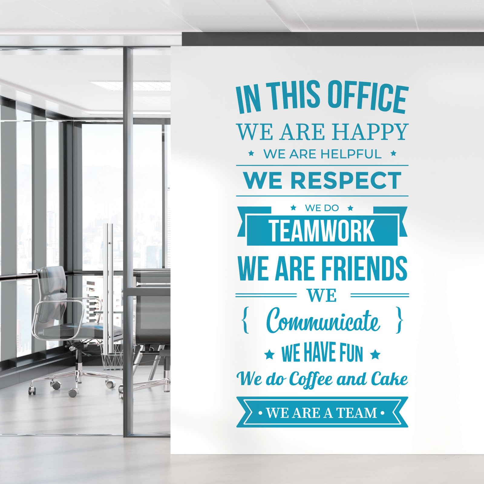 Teamwork Motivational Office Wall Decal - 'In This Office We Are Happy, Helpful & Respectful' Inspirational Vinyl Sticker for Workplace Decor (Sky Blue)