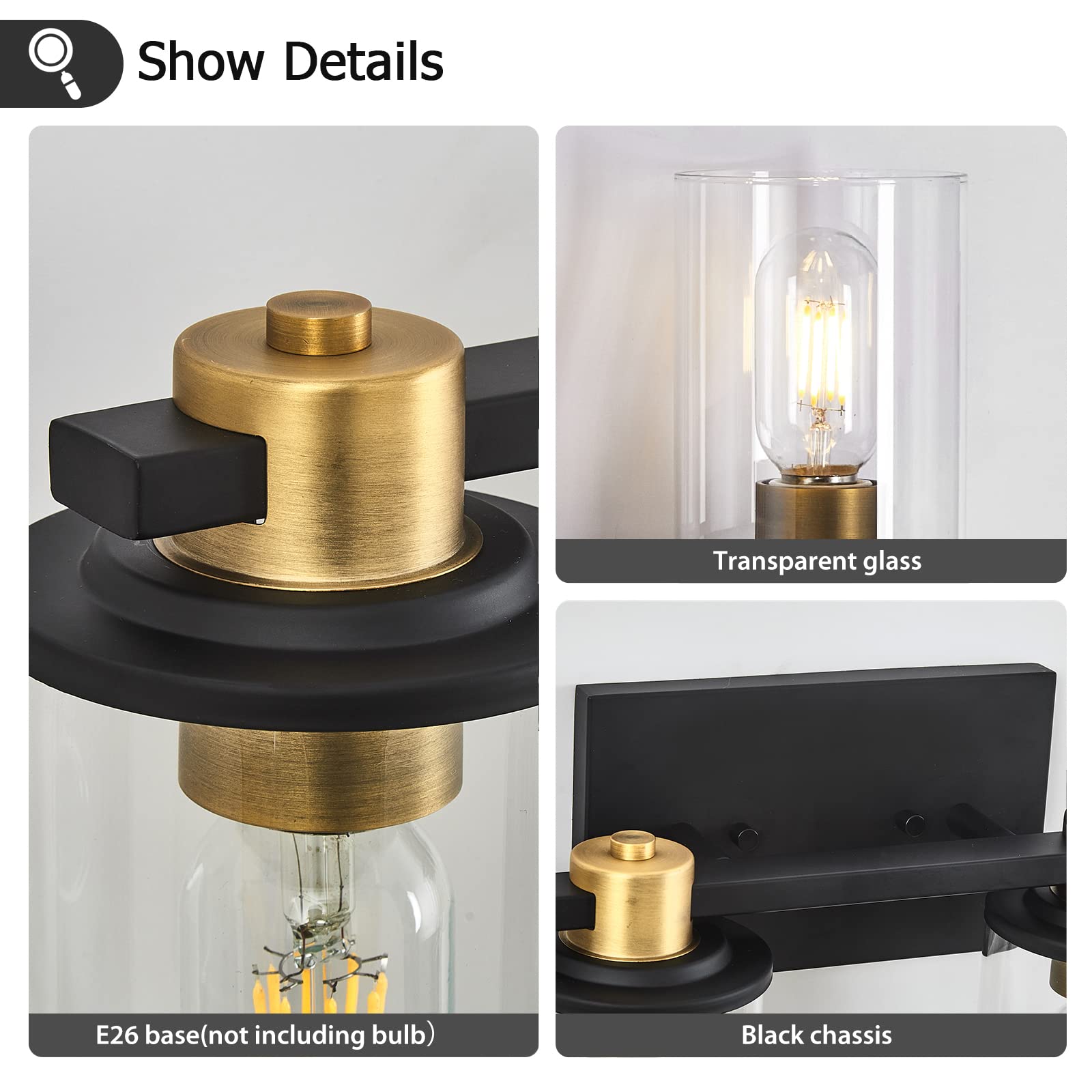 Stambord 4-Light Black and Gold Bathroom Vanity Light Fixture with Clear Glass Shade - Modern Wall Sconce Lighting for Bathroom, Bedroom, Hallway - Perfect for Vanity Mirror Lighting and Home Décor