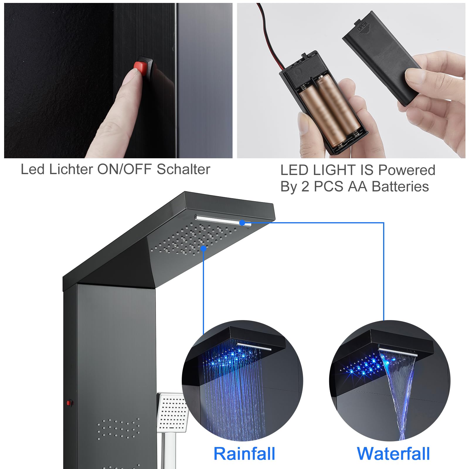 Premium Black Stainless Steel 5-in-1 LED Shower Panel Tower System with Rainfall Shower Head, Waterfall Spray, Body Jets & Handheld Shower - Luxury Bathroom Upgrade for Spa-Like Experience at Home