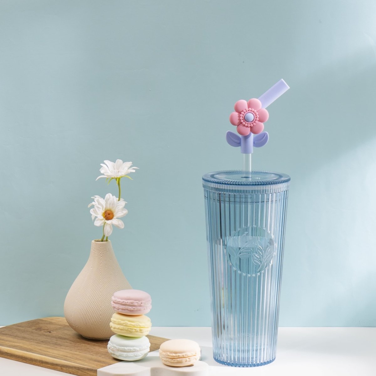 26oz Insulated Tumbler with Straw & Leak-Proof Lid - Cute Flower Silicone Straw Tips in Botanica Blue - Perfect for Iced Coffee, Smoothies & Outdoor Activities