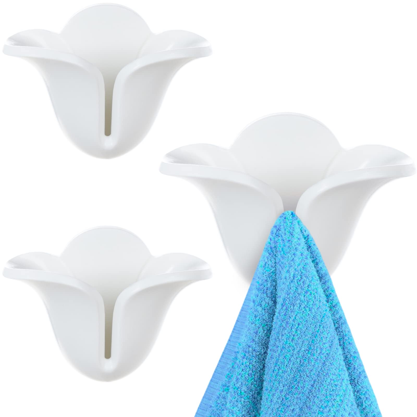 HandyCute® 3-Pack Flower-Shaped Self Adhesive Towel Hooks - White Bathroom & Kitchen Wall Mounted Towel Holder for Hanging Hand Towels, Dish Cloths, Aprons - Perfect for Small Spaces, RV, Dorm Organization
