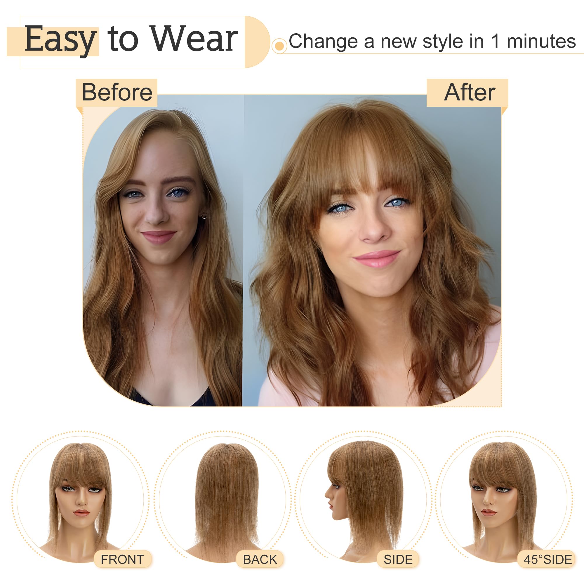 SEGO 150% Density Human Hair Toppers for Women with Bangs - 18