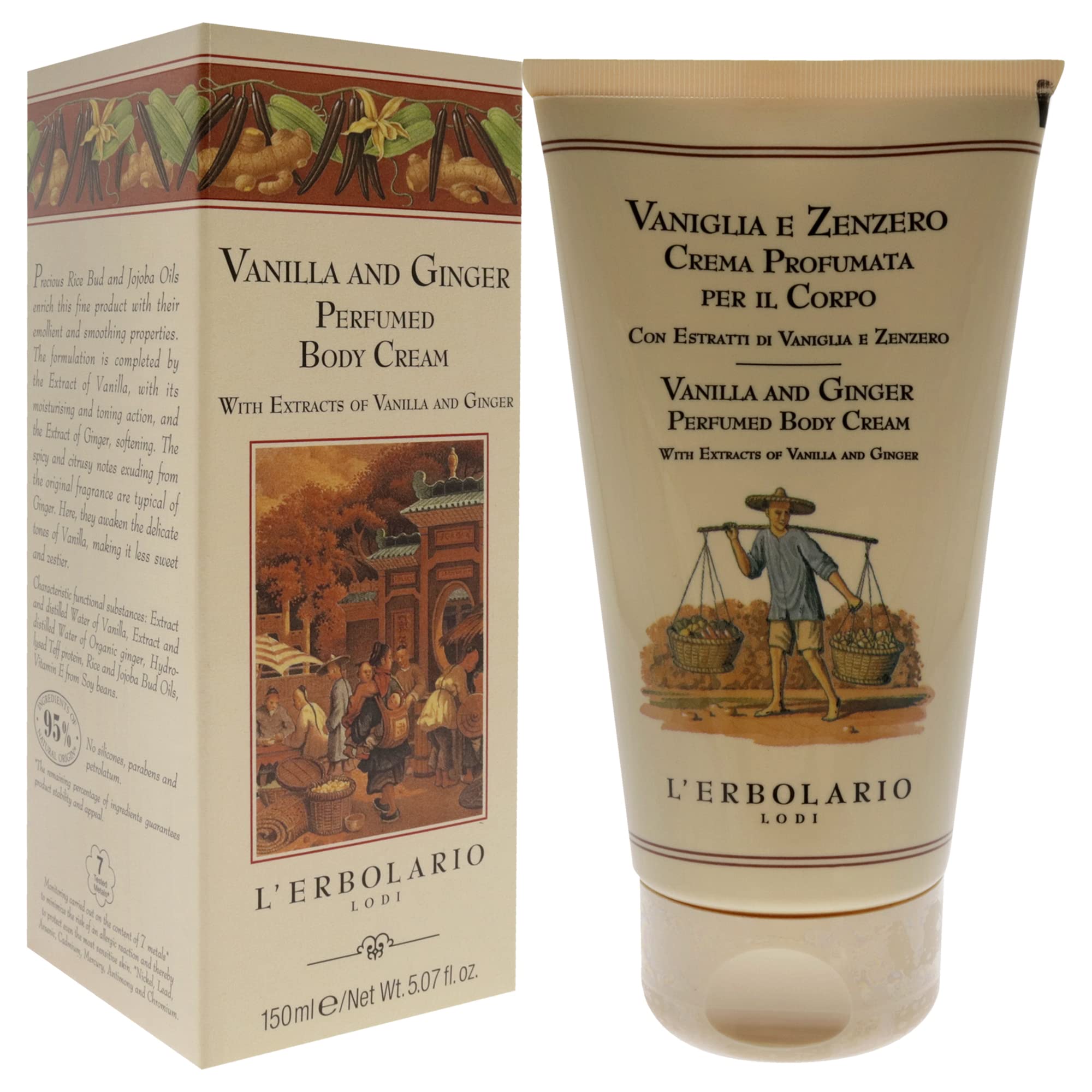 LErbolario Vanilla & Ginger Scented Body Cream - 5.07 oz Unisex Moisturizing Lotion for Dry Skin | Perfect for Daily Hydration & Relaxing Massage