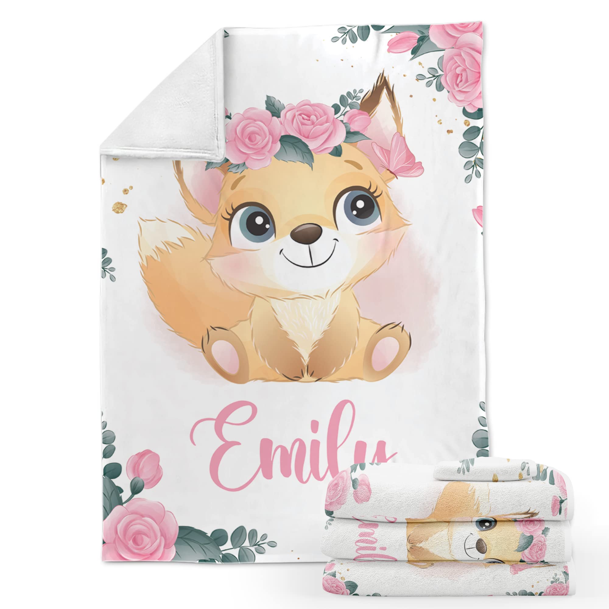 Personalized Baby Girl Blanket with Name - Custom Fleece Blanket 30x40 Inches - Fox Design for Newborns, Nursery, Photo Shoots & Gift Giving