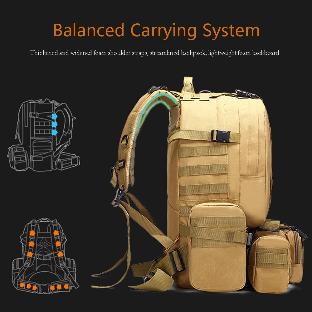 Military Tactical Backpack 65L - Waterproof Molle Assault Pack for Hiking, Camping, Hunting & Travel - Large Army Rucksack with Durable Construction (Color: A) - Perfect for Outdoor Adventures, Survival Training & Tactical Missions