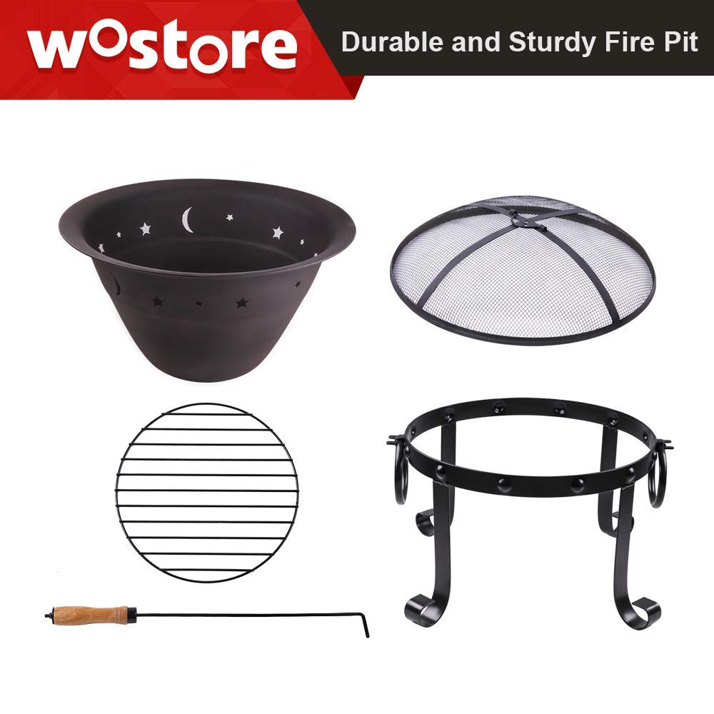 Wostore 29 Inch Large Outdoor Fire Pit - Heavy Duty Cast Iron Bonfire Pit with Spark Screen, Grate & Poker for Patio, Backyard, Camping & BBQ Gatherings