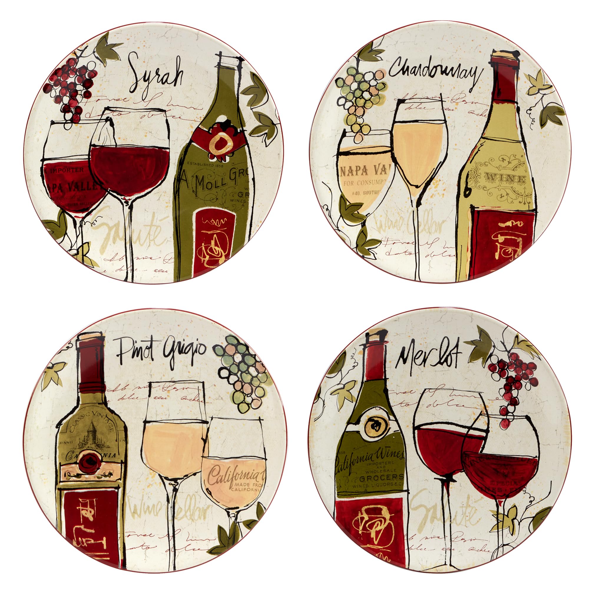 Certified International Wine Country 9-Inch Salad and Dessert Plates Set of 4 - 2 Elegant Assorted Designs for Dinner Parties, Entertaining & Home Decor