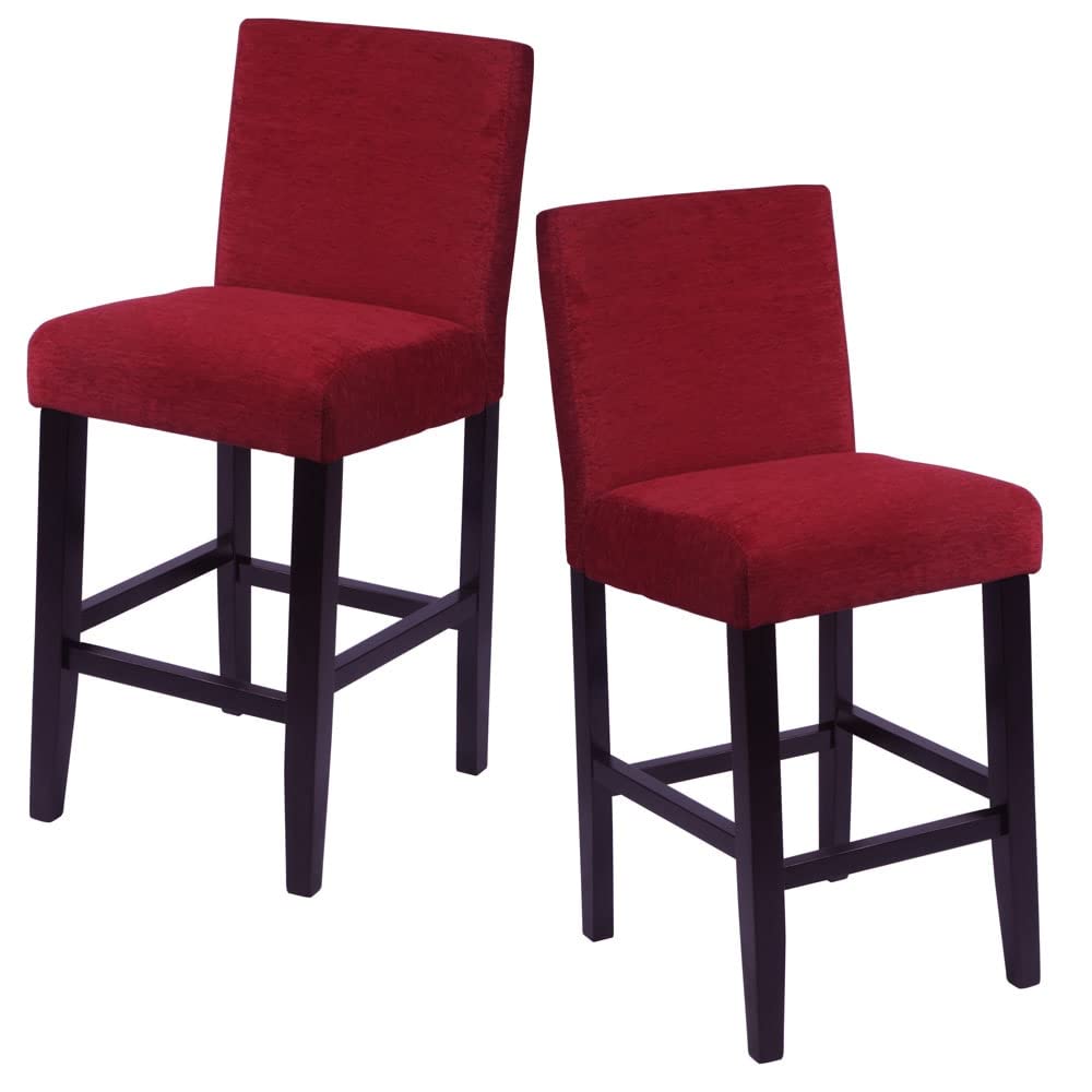 Aprilia Counter Height Bar Stools Set of 2 - Dark Red Vinyl Padded Seats with Chrome Base - Perfect for Kitchen Islands, Breakfast Bars & Home Bars