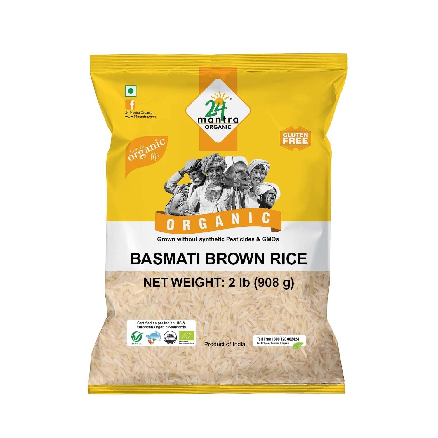 24 Mantara Organic Brown Basmati Rice - 2 Pound Bag | Non-GMO, Gluten-Free Whole Grain Rice for Healthy Cooking, Meal Prep & Indian Cuisine