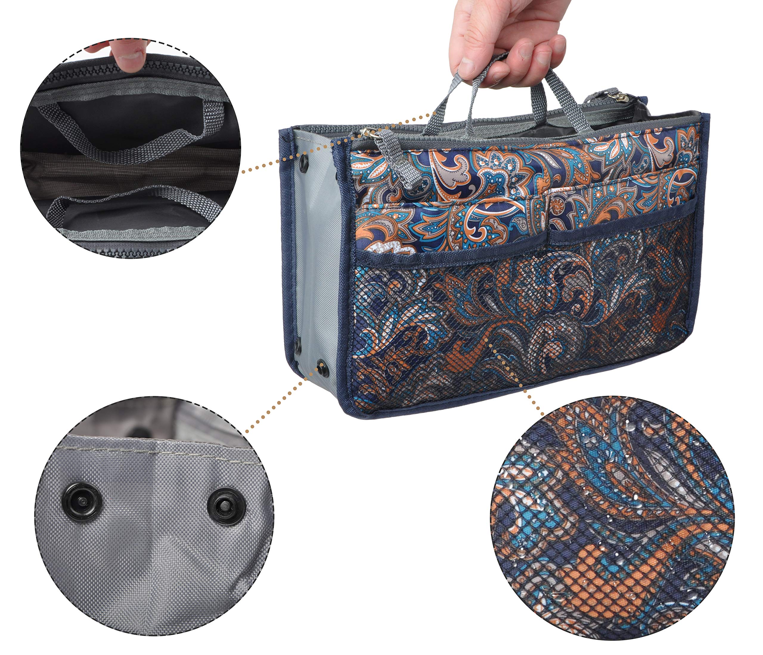 Vercord Handbag Organizer Insert - 13 Pockets Nylon Purse Organizer for Women, Tote, Pocketbook & Nurse Bags - Splash Wave Design (Small Size) - Perfect for Travel, Work & Daily Organization