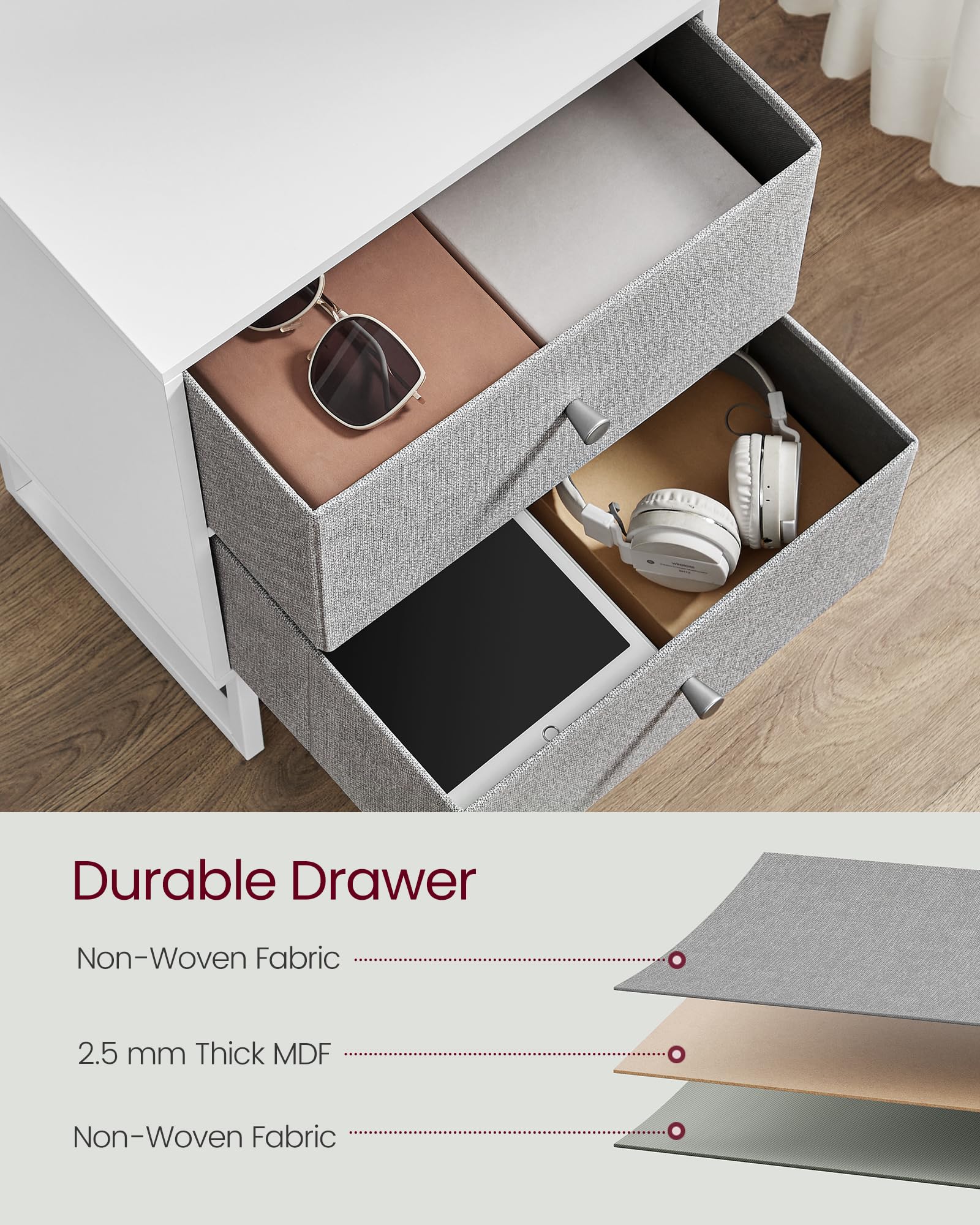 VASAGLE Nightstand Set of 2 - Small Bedside Table with Removable Fabric Drawers, Modern End Table for Bedroom, Office & Living Room - Cloud White & Dove Gray | Perfect for Storage, Reading & Decor