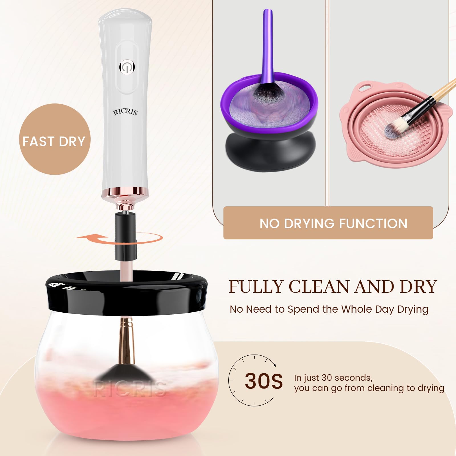 Electric Makeup Brush Cleaner & Dryer Machine - Automatic Fast Spinning Brush Cleaning Tool for Cosmetics (White) | Perfect for Home & Professional Makeup Artists