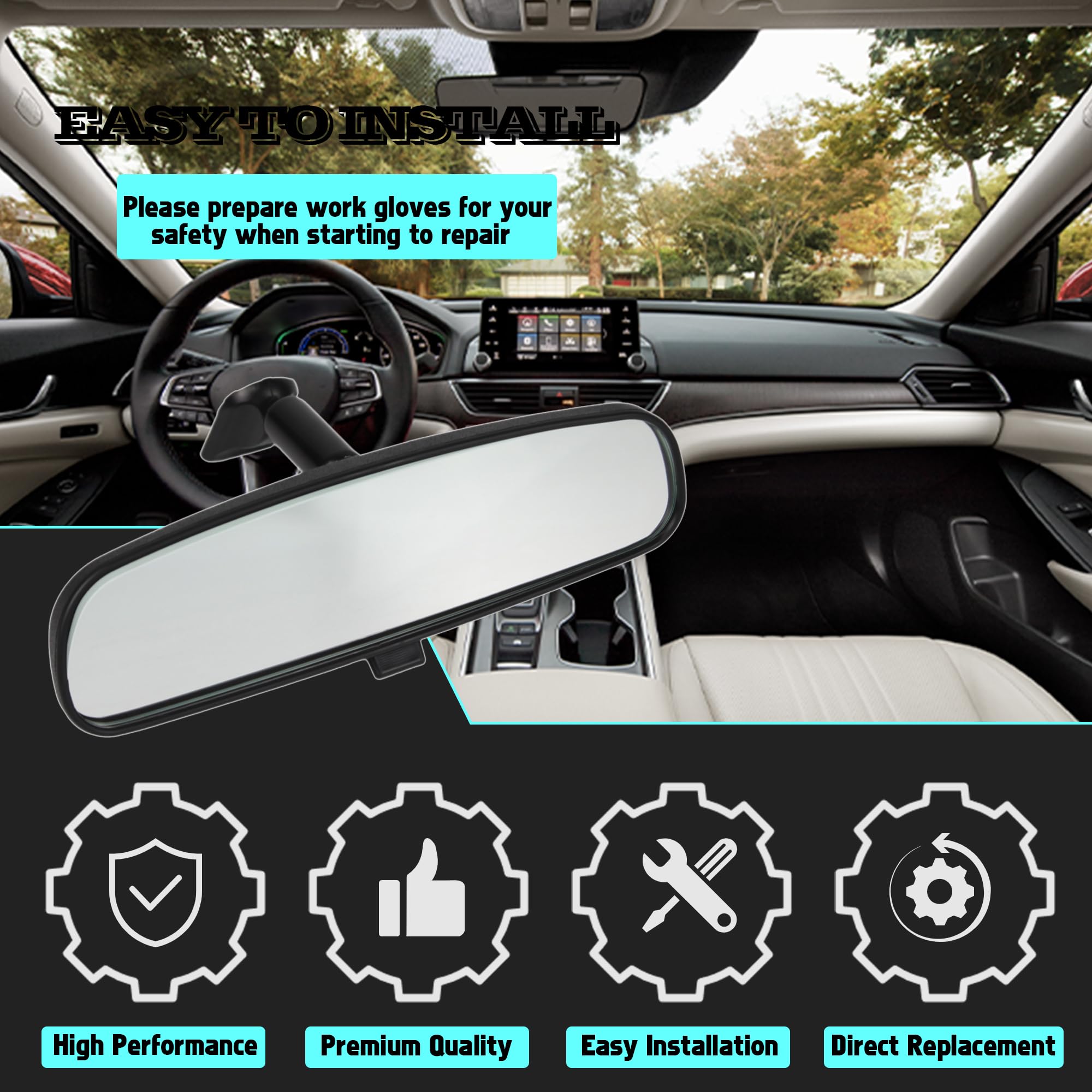 Honda Car Rear View Mirror Replacement - Compatible with 1998-2013 Accord, 2006-2011 Civic, 2000-2004 Odyssey, 2002-2008 Pilot, 2010-2014 CR-Z & Insight - Day/Night Auto Mirror (Replaces OEM 76400-SDA-A03) - Perfect for Parking, Reversing & Night Driving Safety