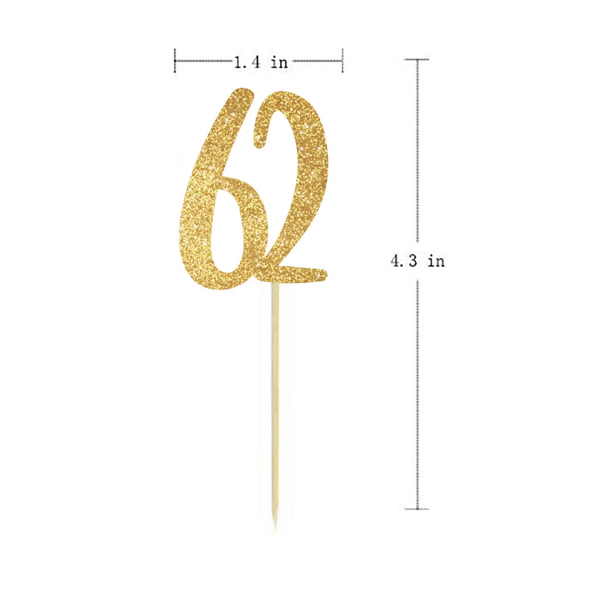 62nd Birthday Cupcake Toppers - 24-Pack Gold Glitter Number 62 Cake Decorations for Anniversary Celebrations, Retirement Parties & Milestone Events