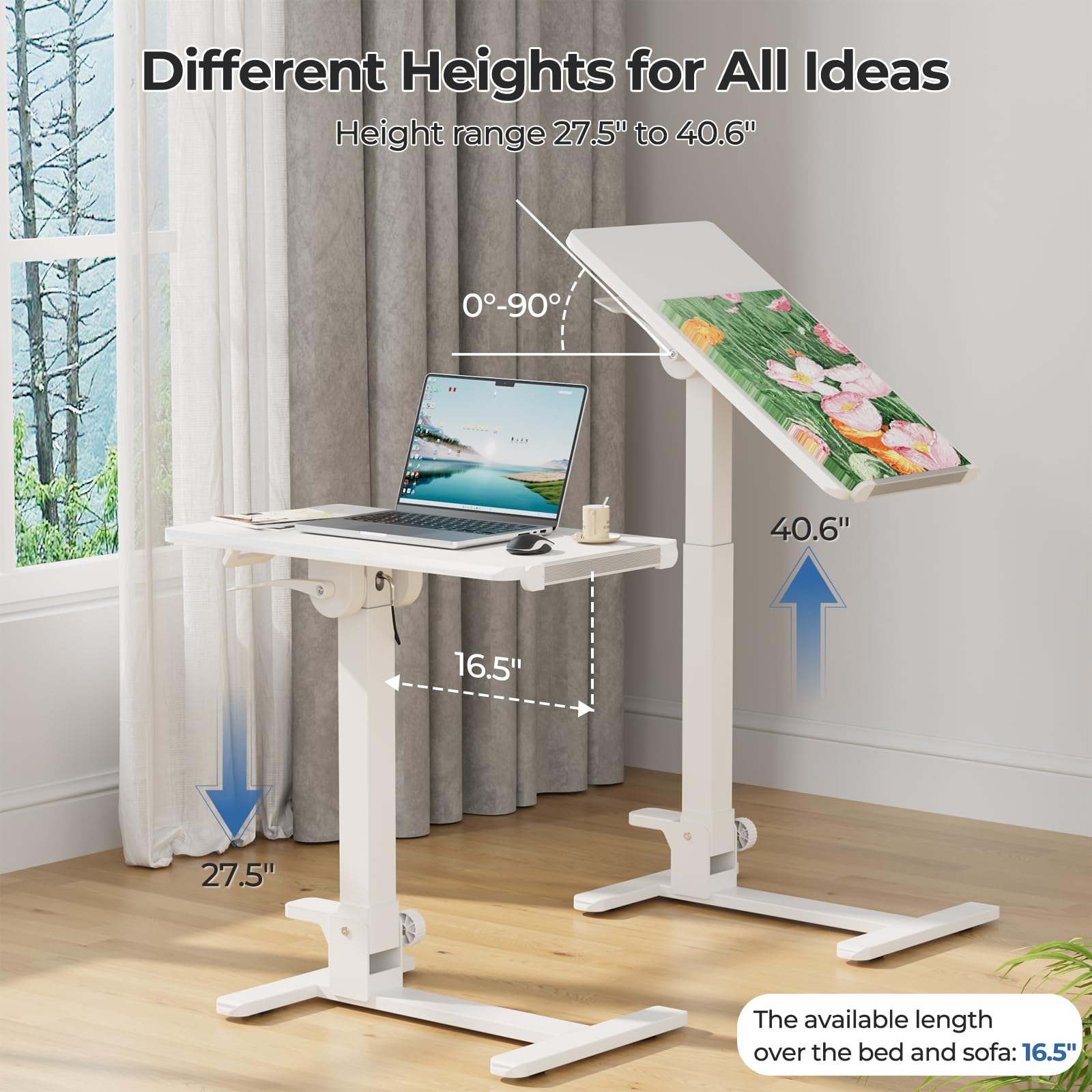 Foldable Mobile Standing Desk - 27 Inch Adjustable Height Rolling Laptop Cart with 90° Tiltable Tabletop, No Assembly Needed Portable Computer Workstation (White) - Perfect for Home Office, Bedroom Study & Small Space Working