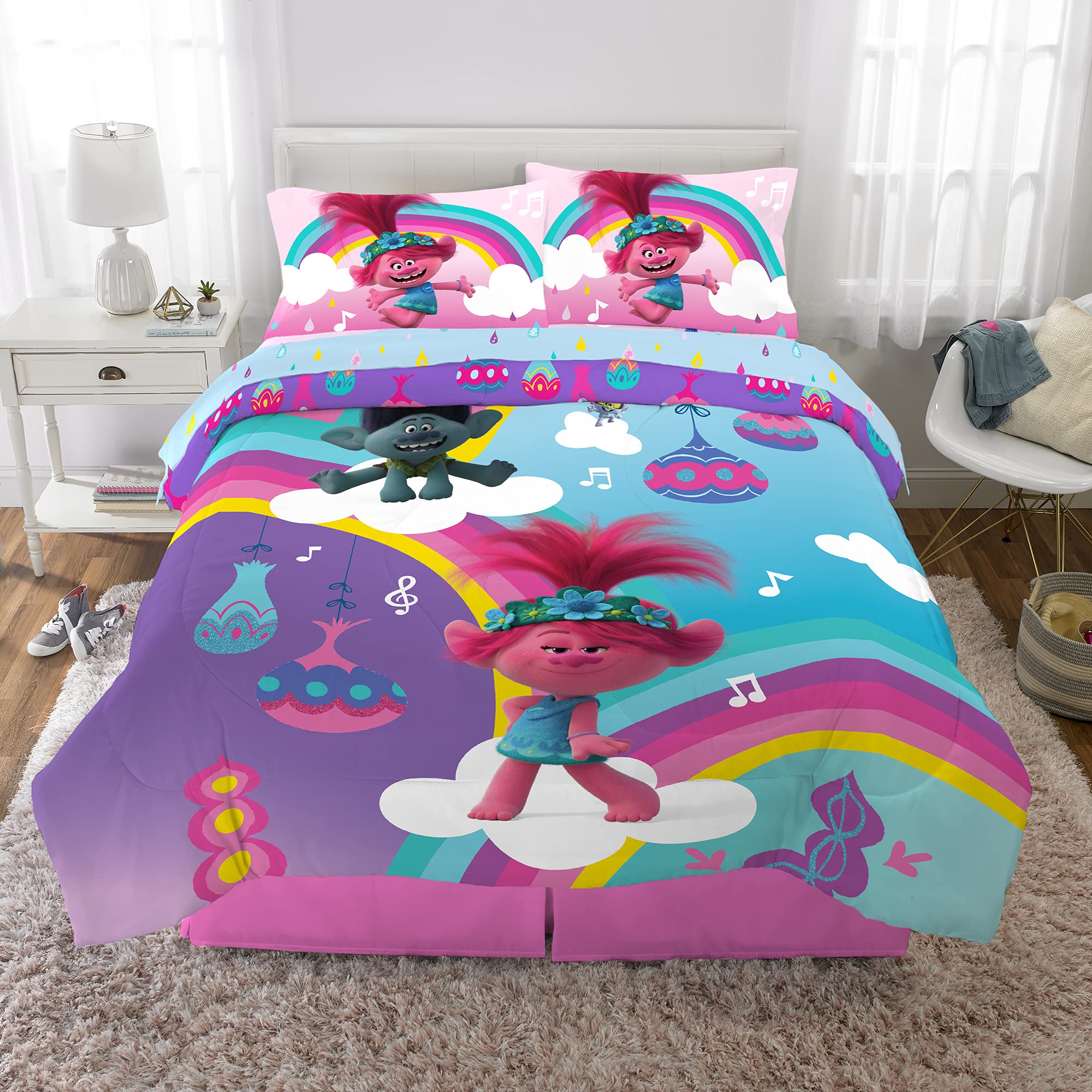Franco Kids Bedding Set - Super Soft Microfiber Comforter & 5-Piece Sheet Set, Full Size, Trolls World Tour Theme | Perfect for Kids' Rooms, Sleepovers & Themed Bedrooms