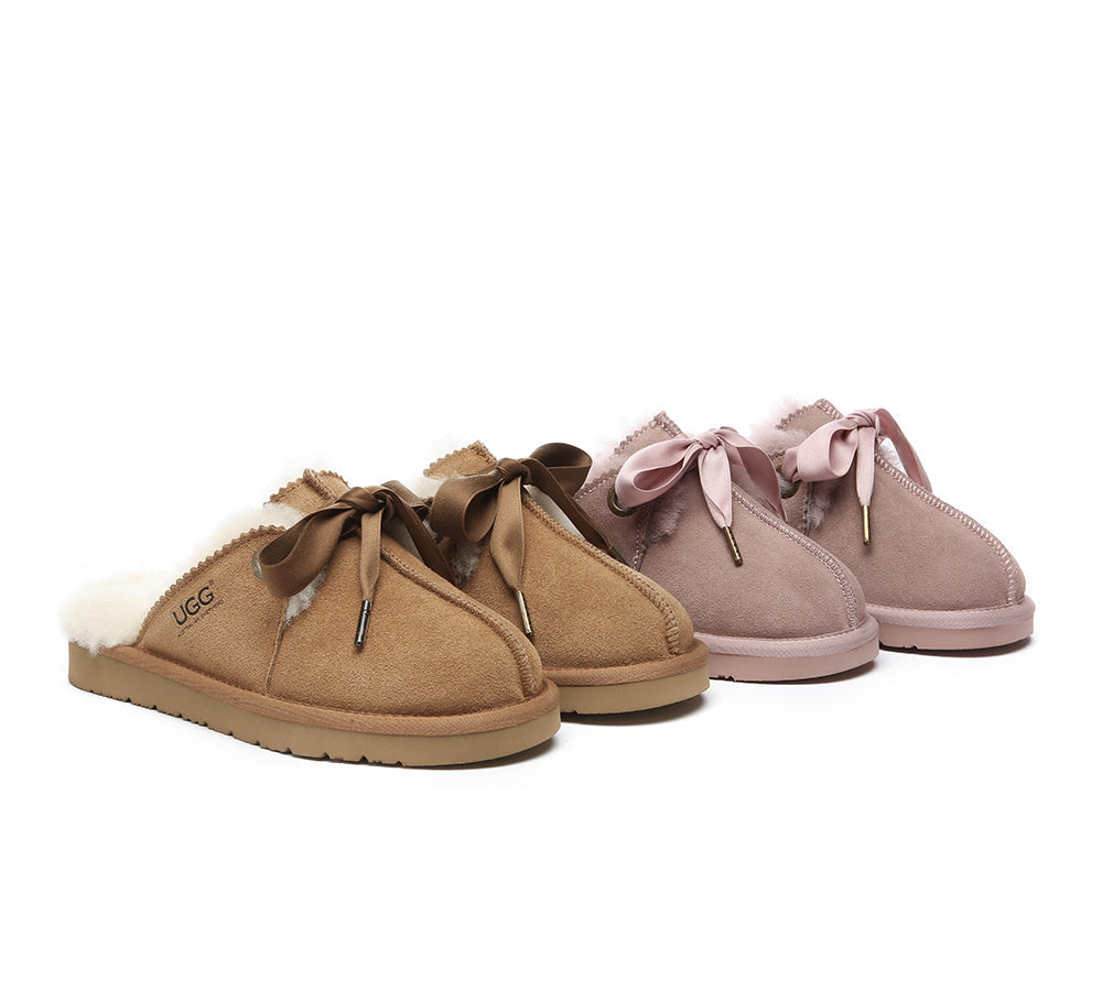 Australian Shepherd® Women's UGG Slippers - Genuine Sheepskin Wool Indoor/Outdoor House Shoes with Adjustable Ribbon Bow - Ruby Red - Perfect for Cozy Home Wear, Winter Comfort & Gift Giving