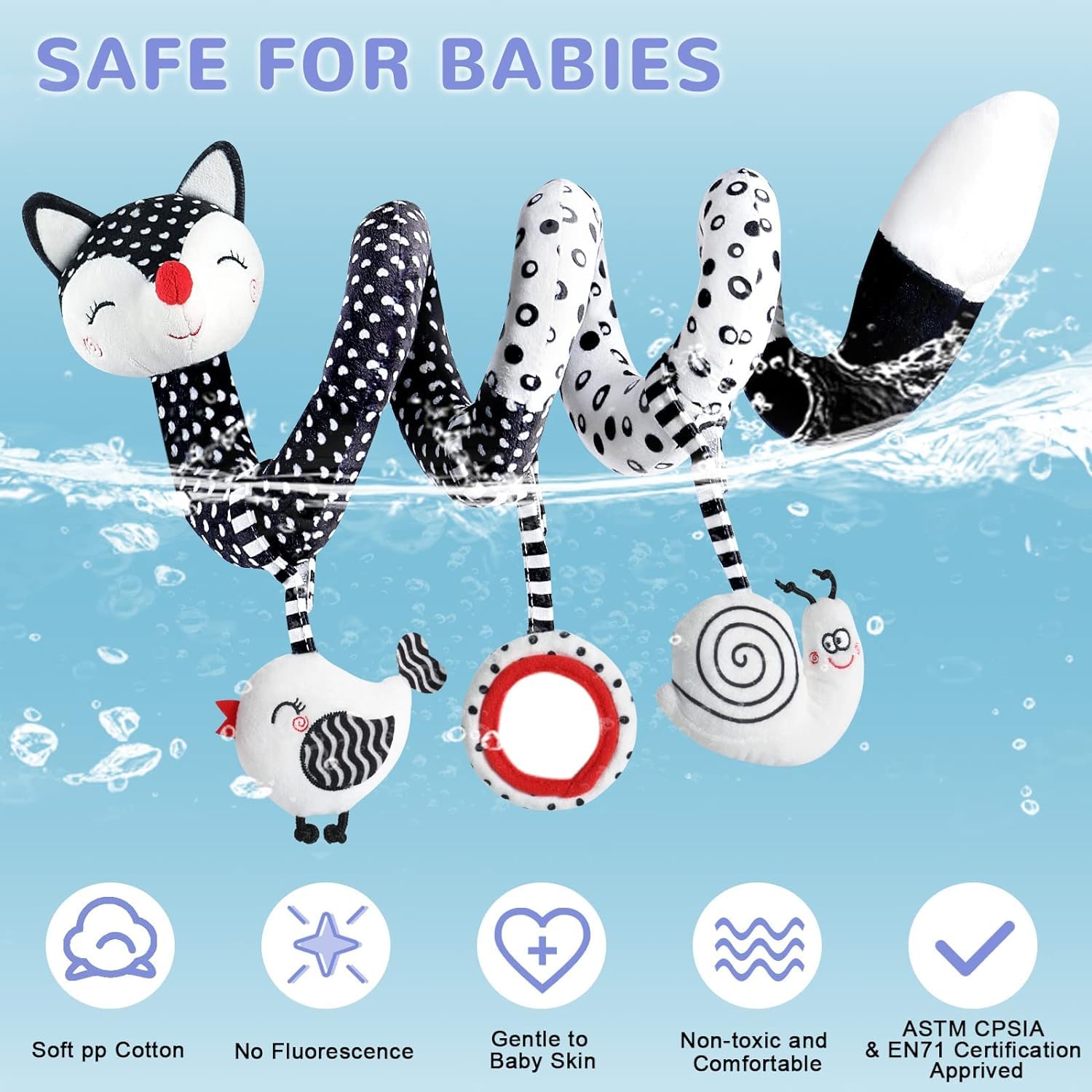 Black & White Spiral Plush Baby Toy - Stretchable Stroller & Car Seat Activity Toy with Rattle, High Contrast Sensory Toy for Newborns 0-12 Months (Fox Design) - Perfect for Crib Mobiles, Tummy Time & Early Visual Development