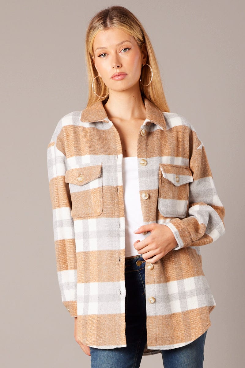 Beige Check Relaxed Long Sleeve Shirt for Men - Comfortable Casual Button Down Top for Everyday Wear & Office Outfits