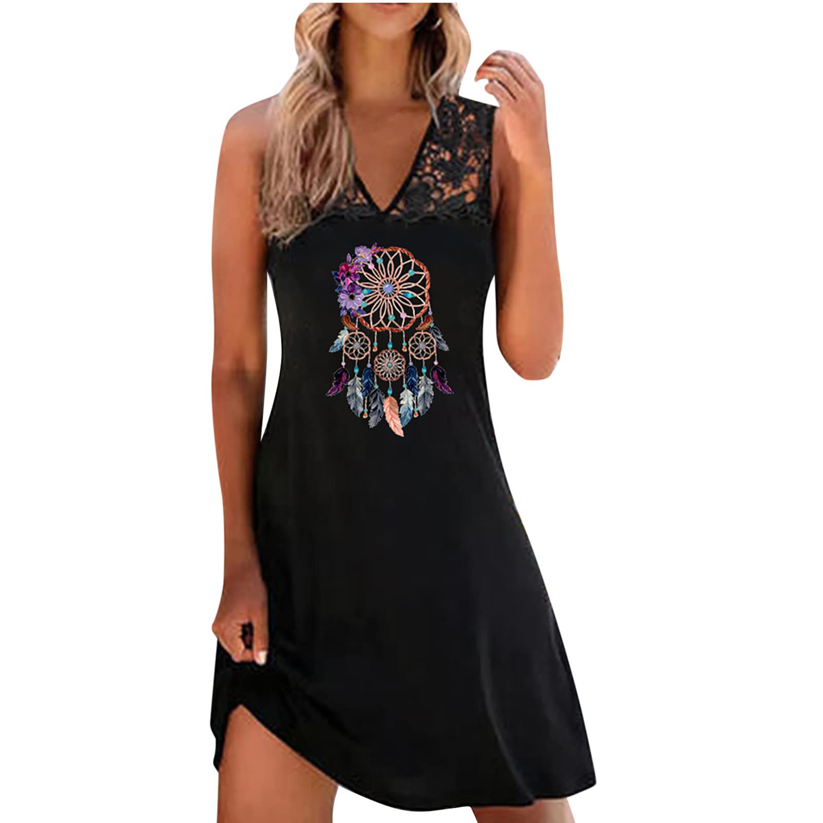 Women's A-Line Mini Swing Dress - Black Printed Sleeveless Lace Vest Beach Dress | Casual Summer Fashion for Vacation, Party & Date Night